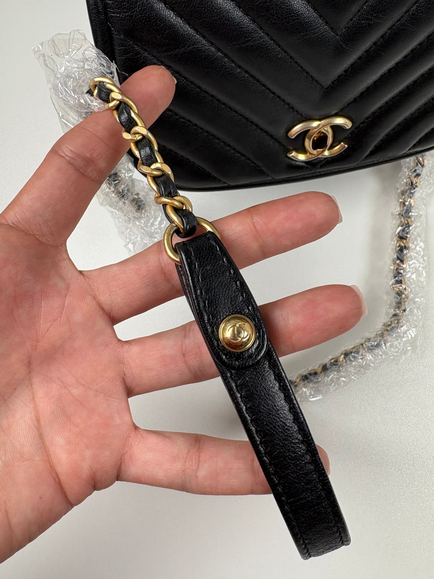 Pre-Owned CHANEL™ Reverse Chevron Top Handl Handbag, Black/GHW, Mini