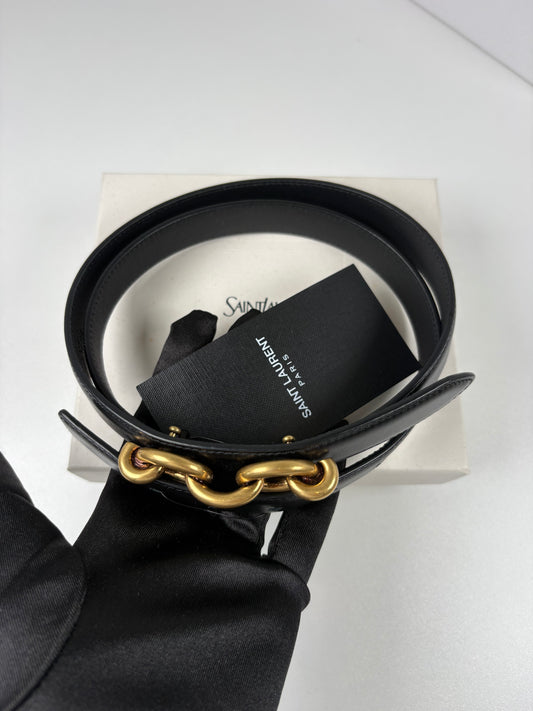 Pre-Owned SAINT LAURENT Maillon Leather Belt, Black/GHW, 80