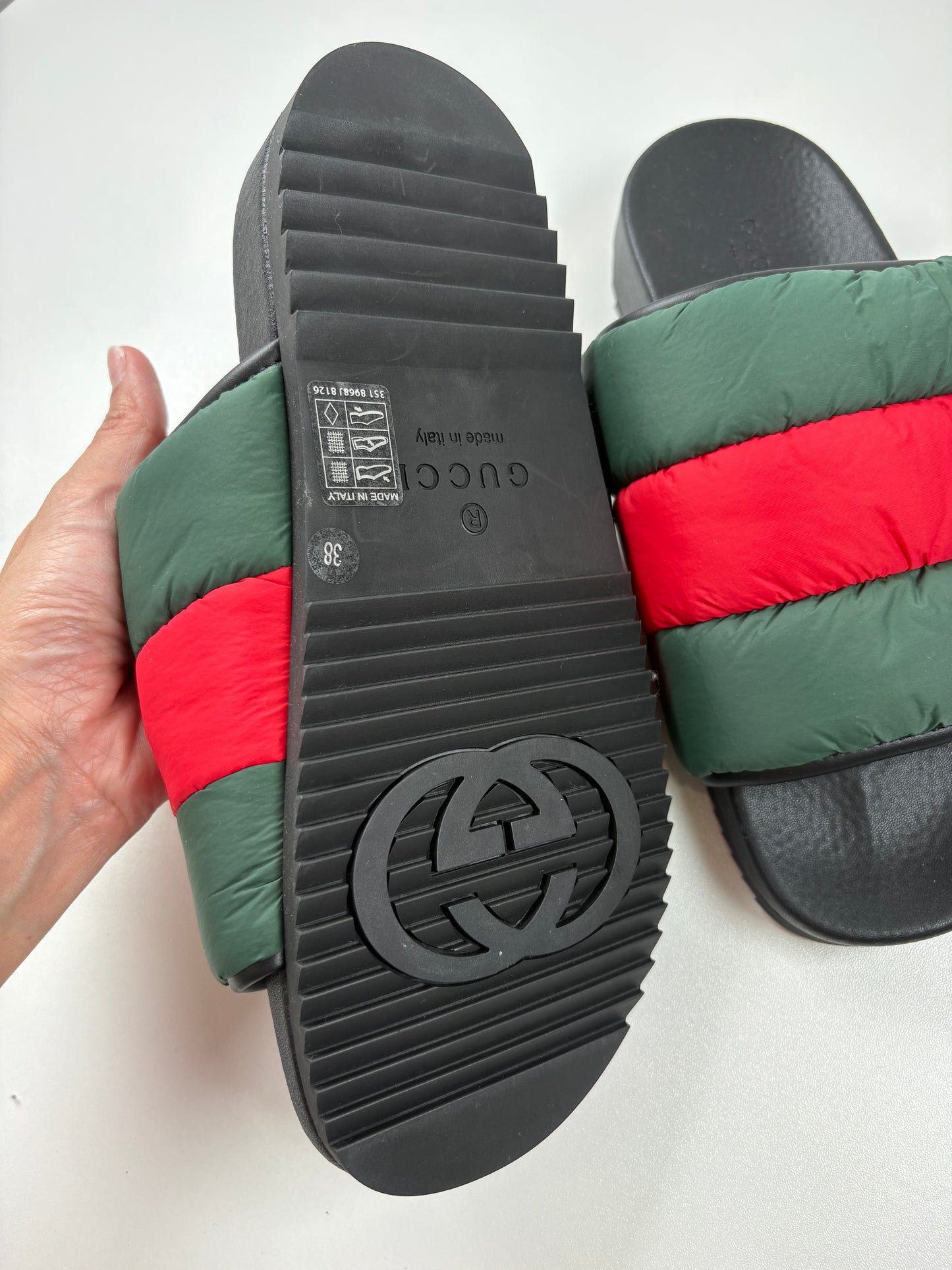 Pre-Owned GUCCI Padded Web Slides, Green/Red, 38