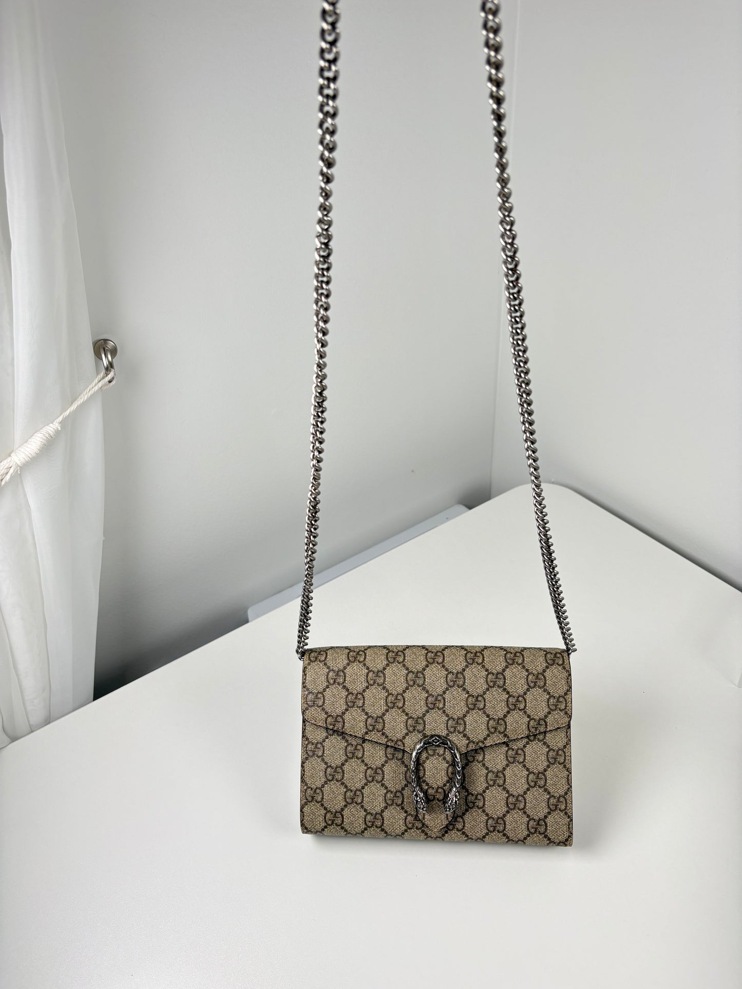 Pre-Owned GUCCI Supreme Dionysus Wallet on Chain Handbag, Beige & Ebony