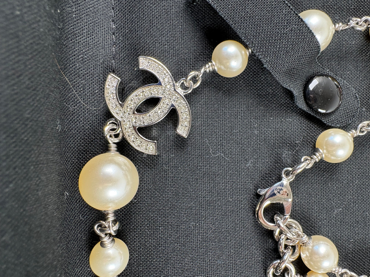 Pre-Owned CHANEL™ CC Long - Faux Pearl & Silver Toned Hardware Necklace, Silver, 20"