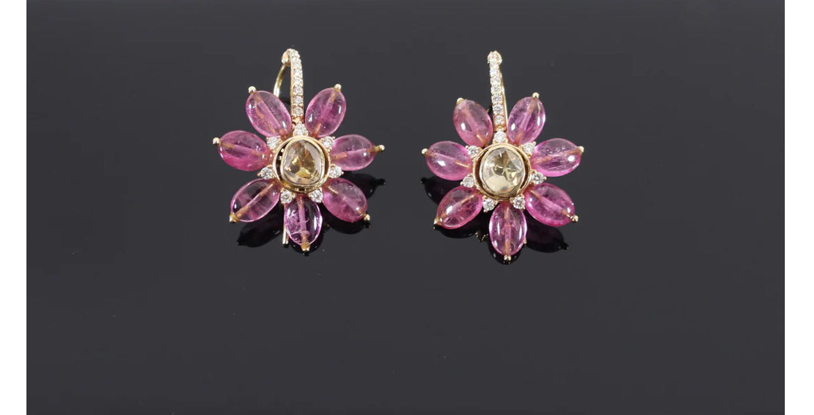Pre-Owned AMRAPALI Jaipur Gold Ruby Diamond Floral Drop Gold/Ruby Earrings