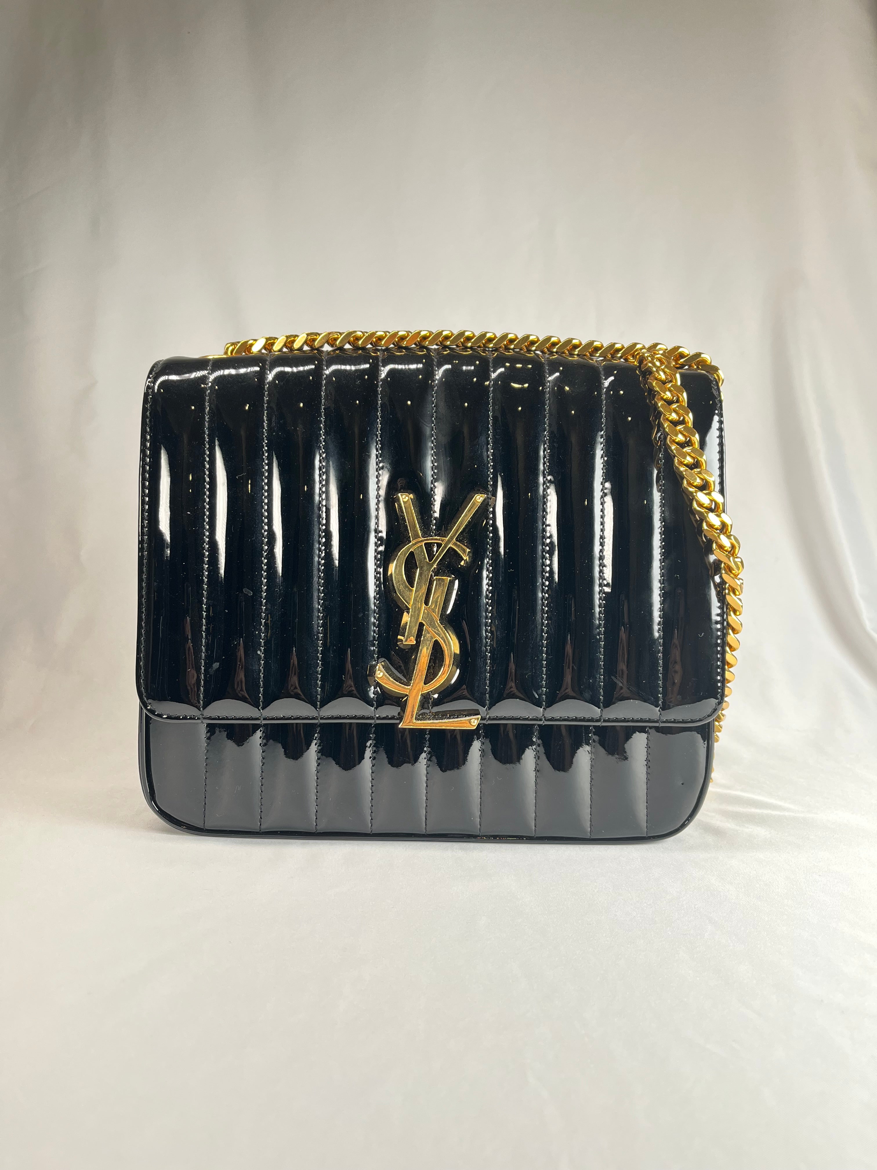 Saint Laurent Vicky Matelasse Patent Shoulder Black Handbag, Large