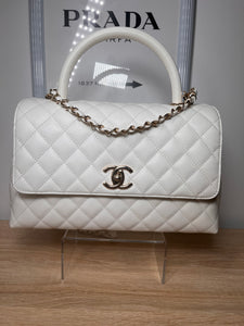 Pre-Owned CHANEL™ Caviar Quilted Coco Handle Flap White/Light Gold Handbag