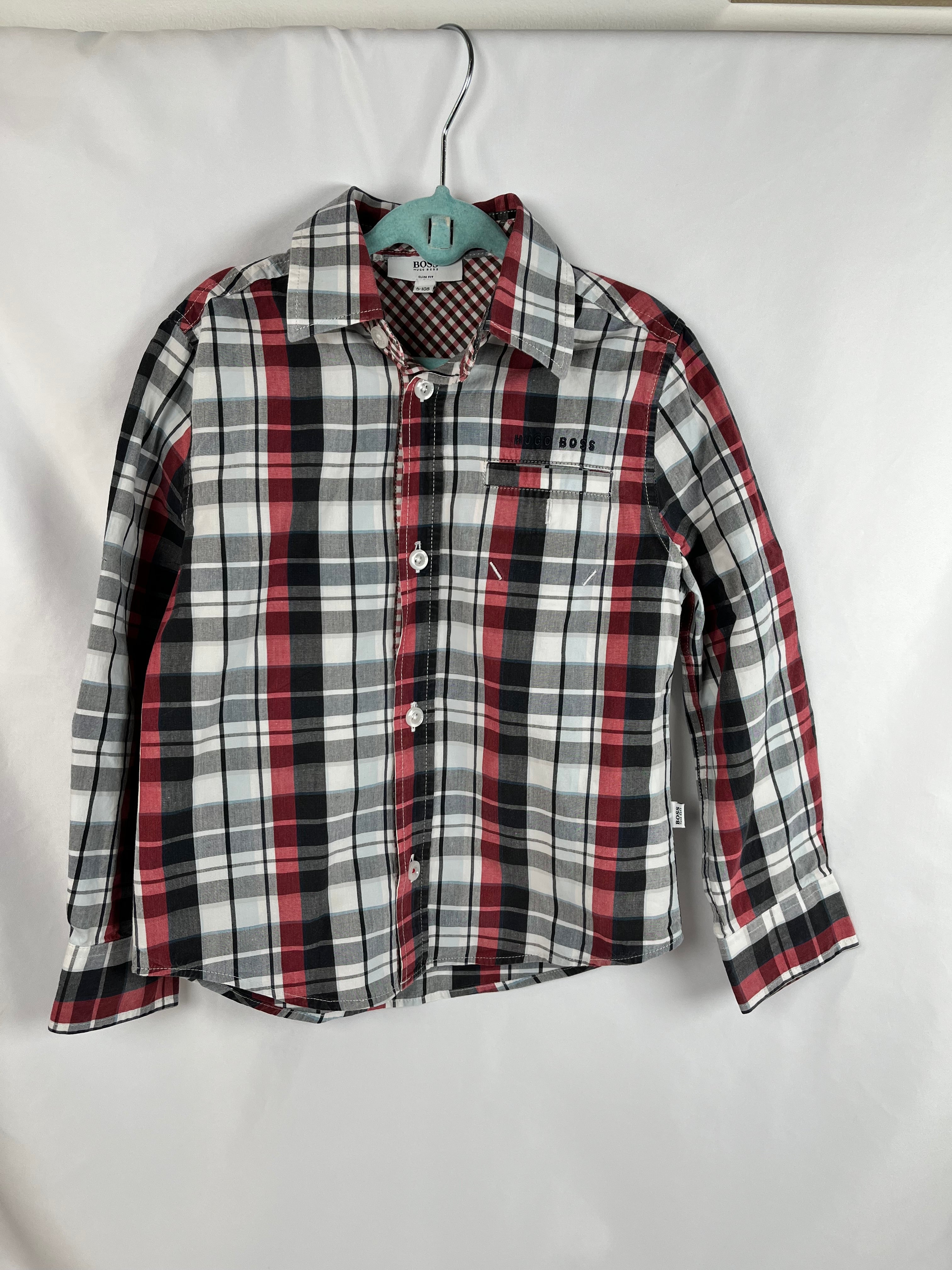 Hugo Boss Slim Fit Button Down - Full Sleeve White/Red/Black Dress Shirt, 5Y