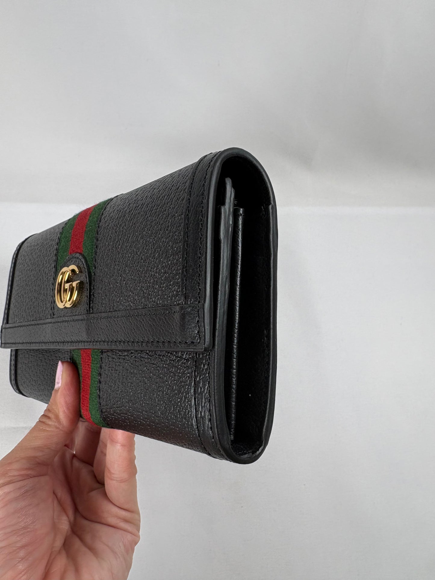 Pre-Owned GUCCI Ophidia Web Stripe Continental Bi-Fold Black Wallet