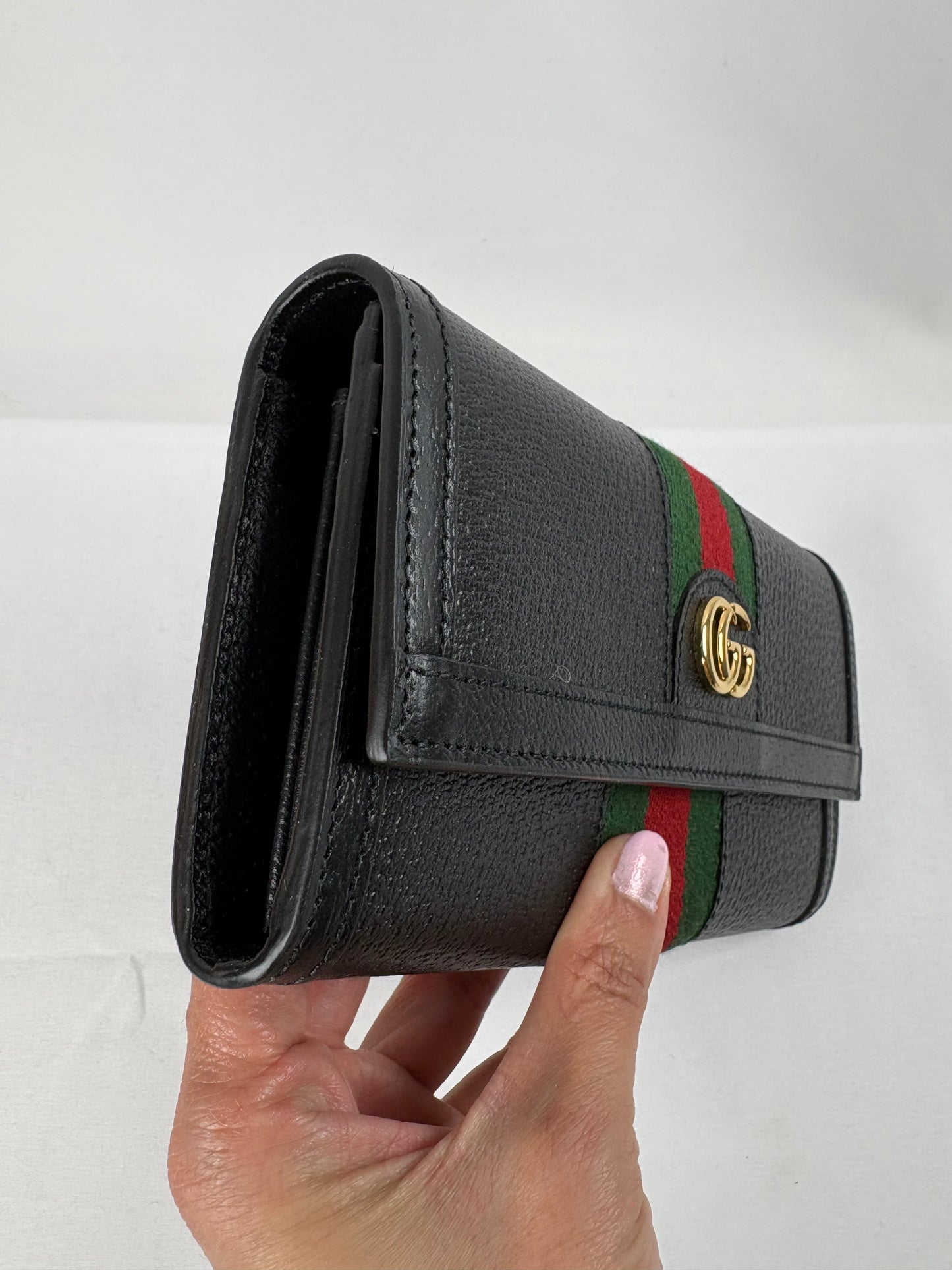 Pre-Owned GUCCI Ophidia Web Stripe Continental Bi-Fold Black Wallet