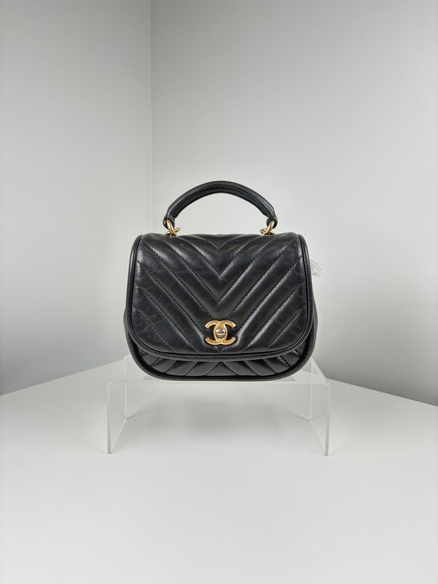 Pre-Owned CHANEL™ Reverse Chevron Top Handl Handbag, Black/GHW, Mini
