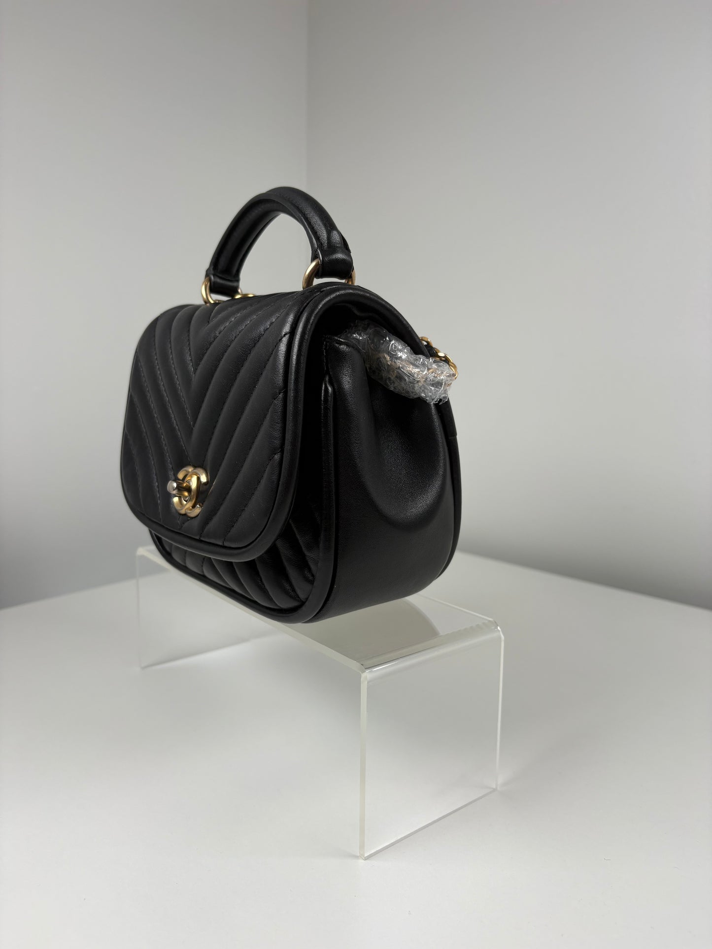 Pre-Owned CHANEL™ Reverse Chevron Top Handl Handbag, Black/GHW, Mini