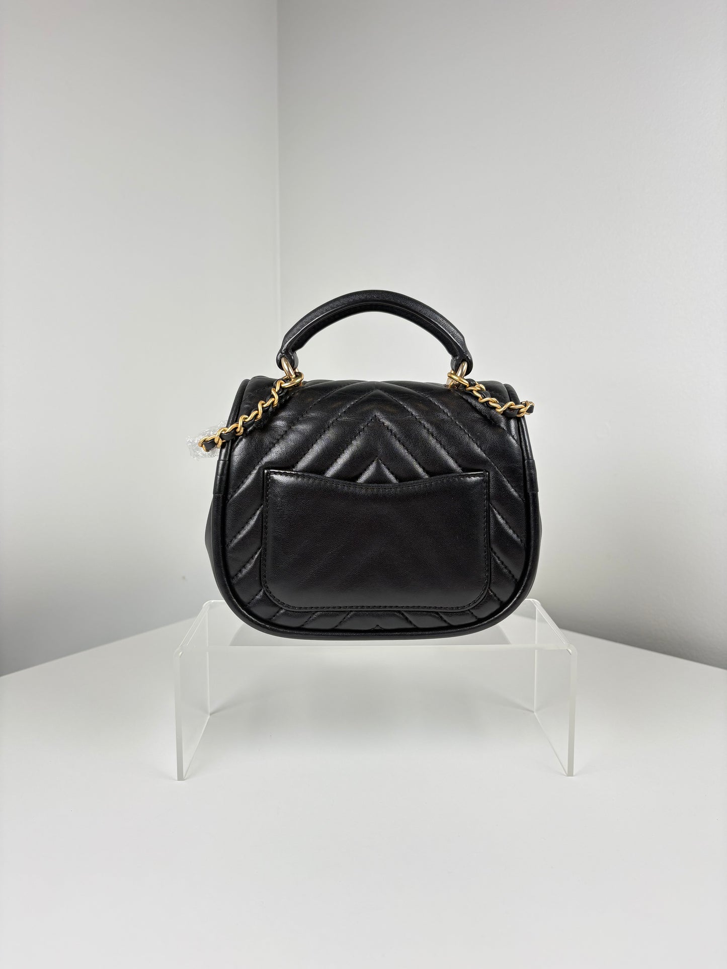Pre-Owned CHANEL™ Reverse Chevron Top Handl Handbag, Black/GHW, Mini