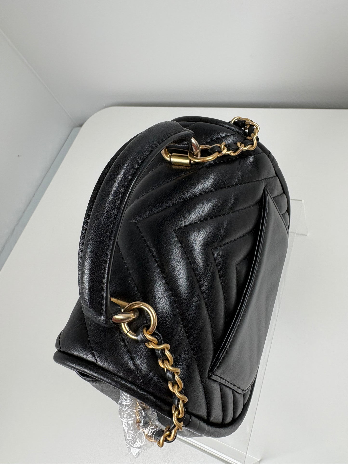 Pre-Owned CHANEL™ Reverse Chevron Top Handl Handbag, Black/GHW, Mini