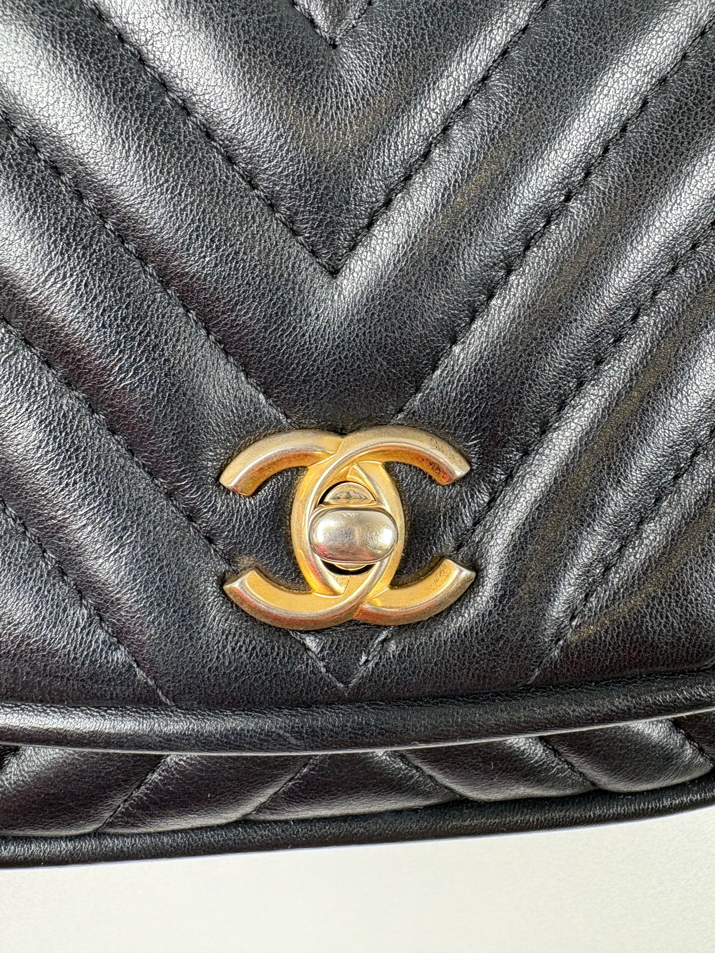 Pre-Owned CHANEL™ Reverse Chevron Top Handl Handbag, Black/GHW, Mini