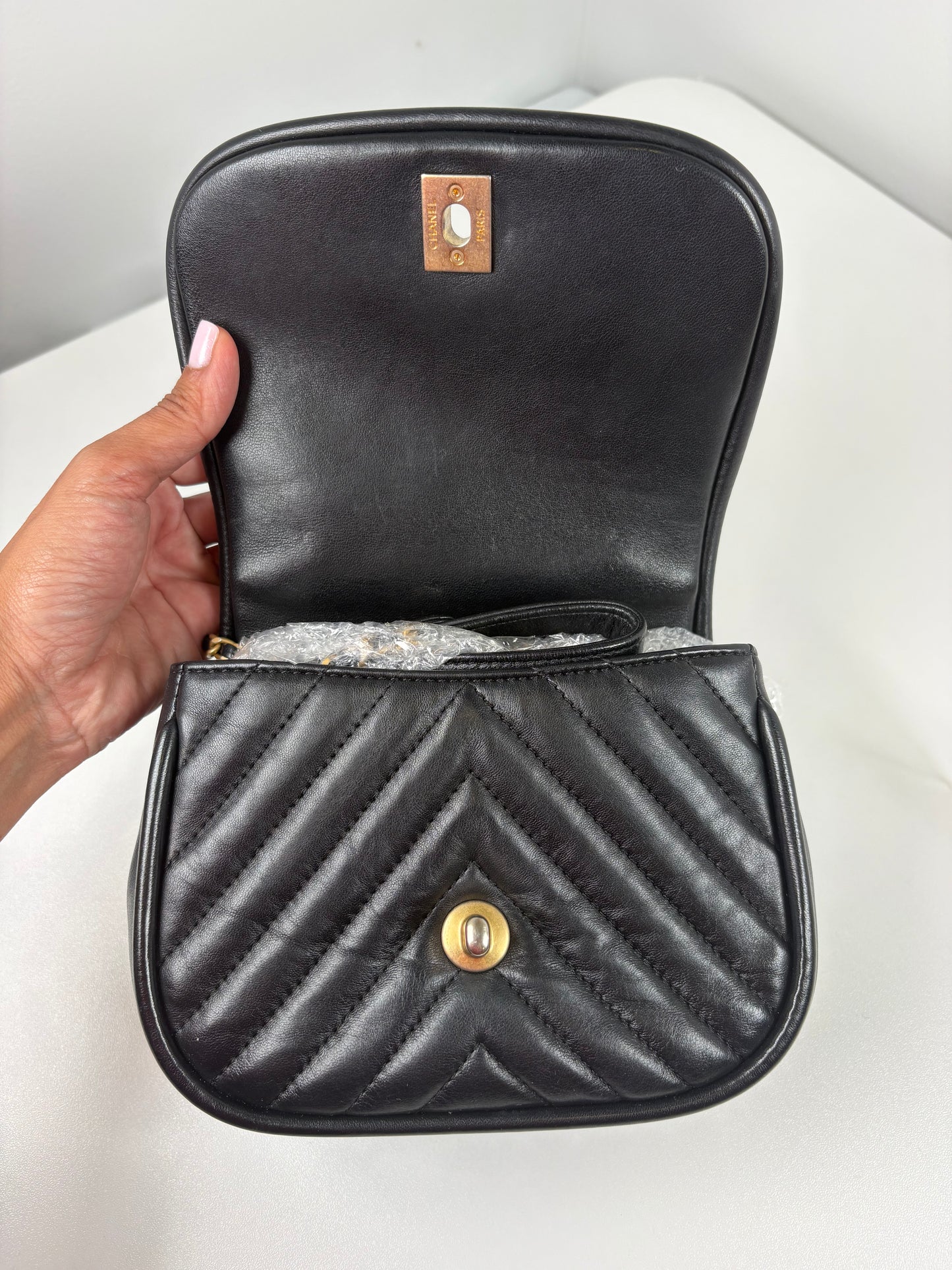 Pre-Owned CHANEL™ Reverse Chevron Top Handl Handbag, Black/GHW, Mini