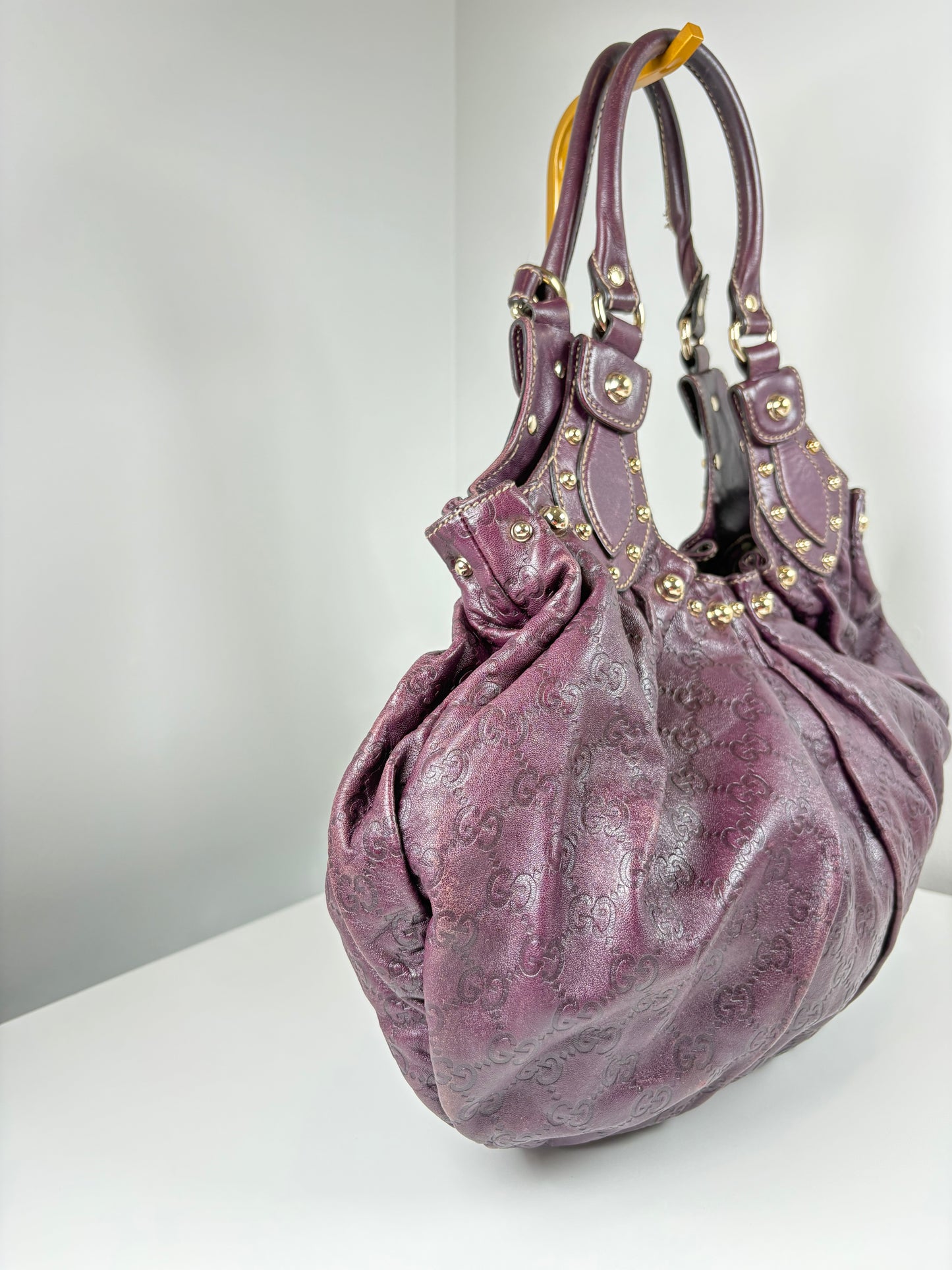 Pre-Owned GUCCI Guccissima Leather Studden Tote Handbag, Purple