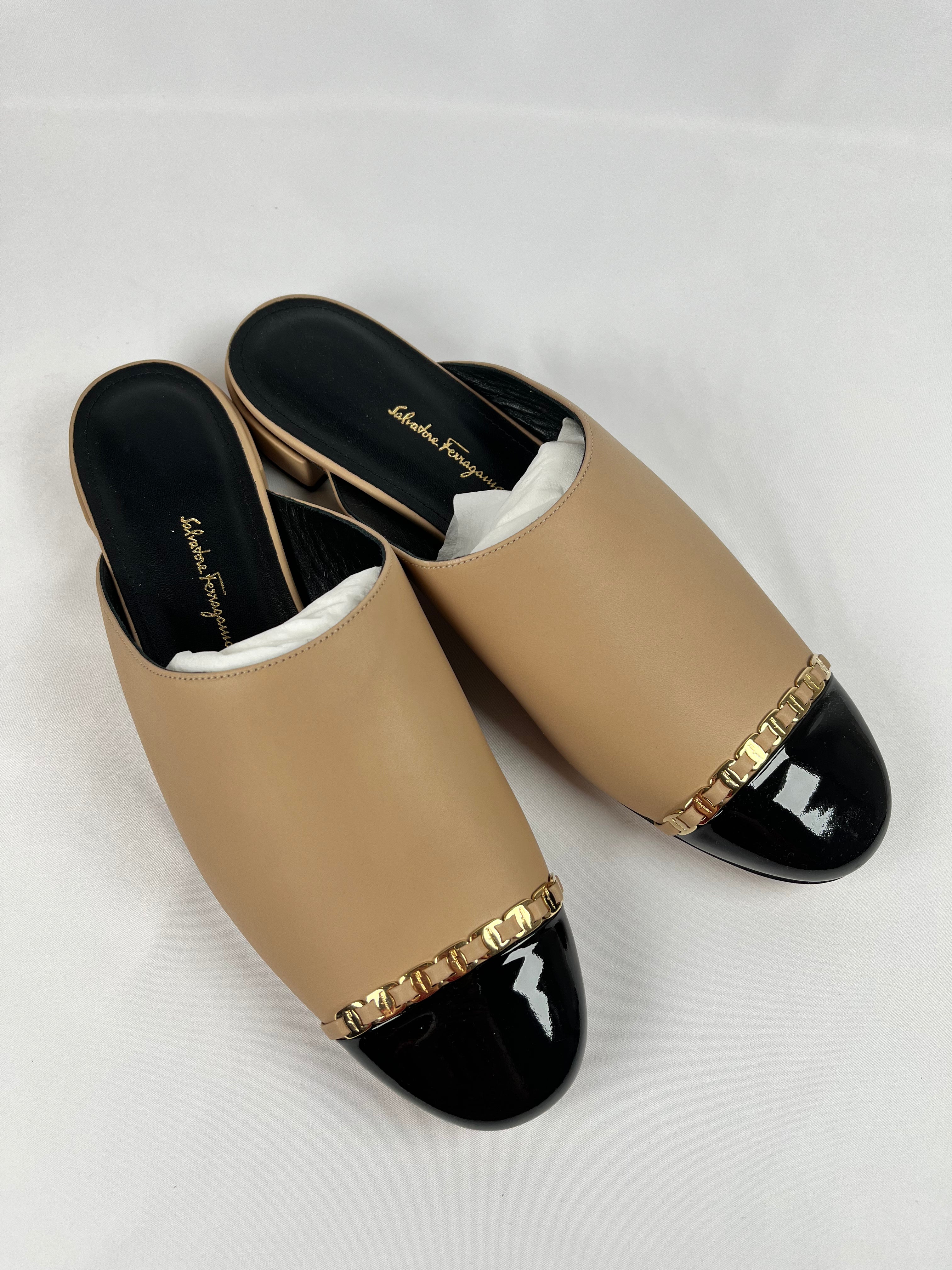 Salvatore Ferragamo Muggia Black/Nude Mules, 9.5