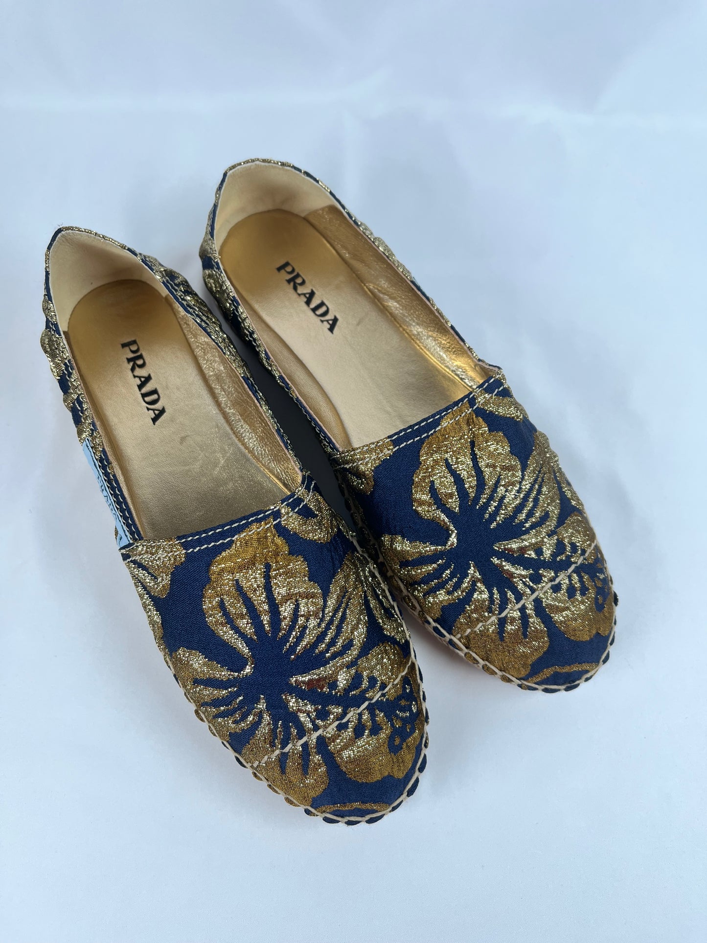 Pre-Owned PRADA Brocade Navy/Gold Espadrilles, 9.5B