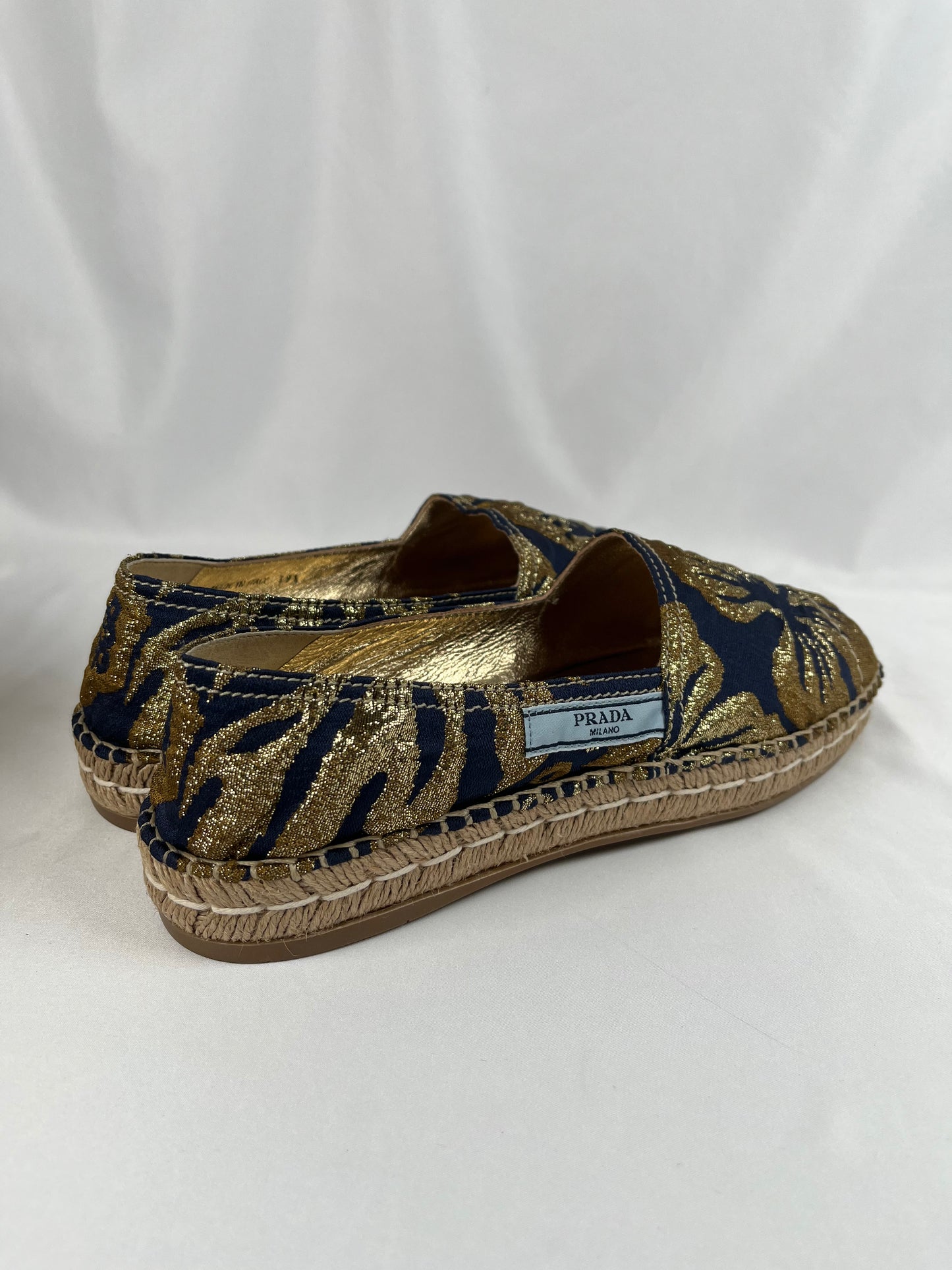Pre-Owned PRADA Brocade Navy/Gold Espadrilles, 9.5B