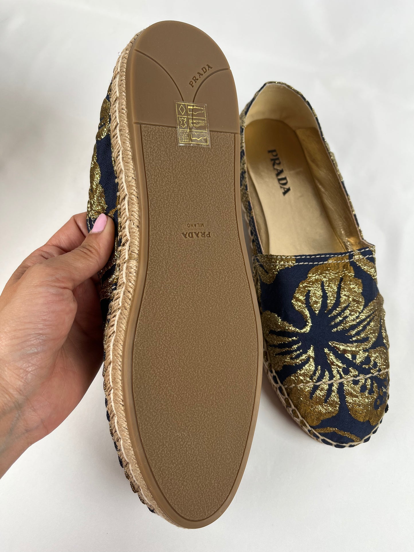 Pre-Owned PRADA Brocade Navy/Gold Espadrilles, 9.5B
