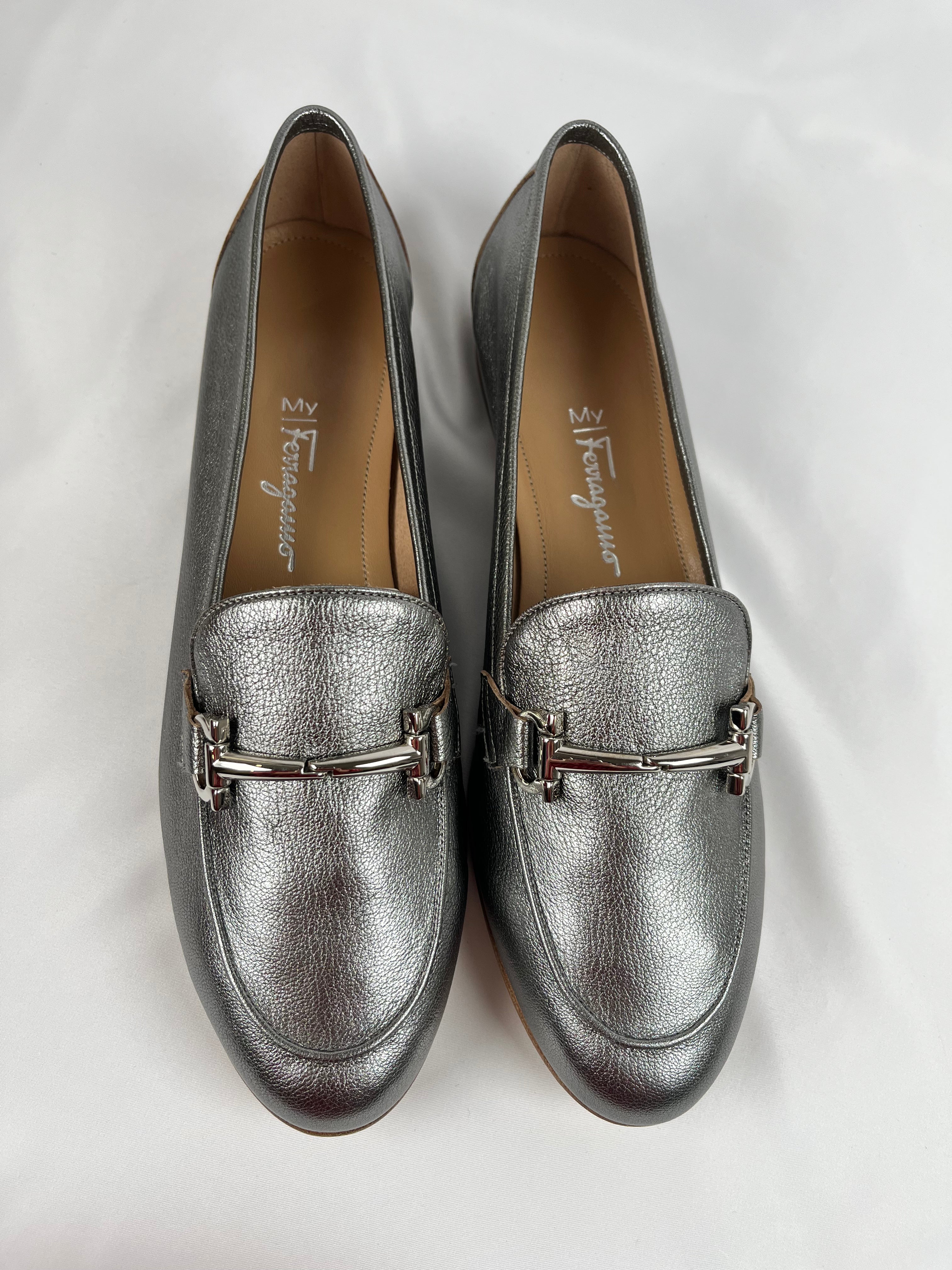 Salvatore Ferragamo Silver Loafers, 9.5