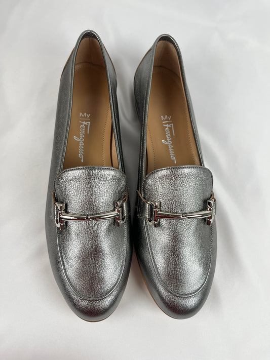 Pre-Owned SALVATORE FERRAGAMO Silver Loafers, 9.5
