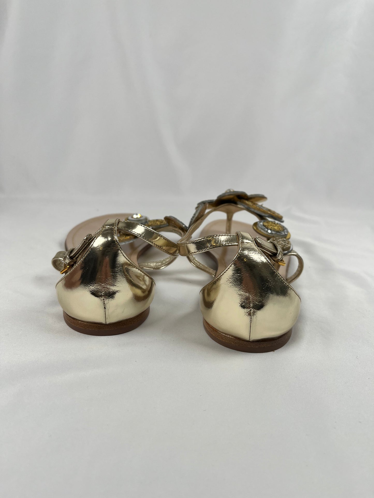 Pre-Owned MIU MIU Flower T-Strap Gold/Silver Sandals, 40