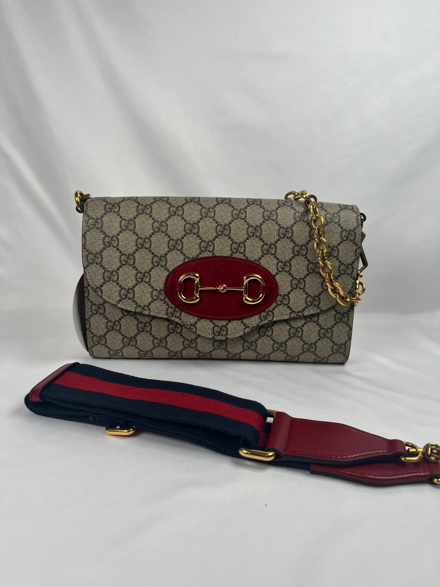 Pre-Owned GUCCI GG Supreme Horsebit 1955 Chain Bag w/strap Monogram Handbag, Small