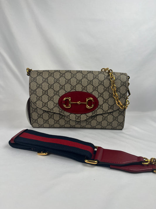 Pre-Owned GUCCI GG Supreme Horsebit 1955 Chain Bag w/strap Monogram Handbag, Small