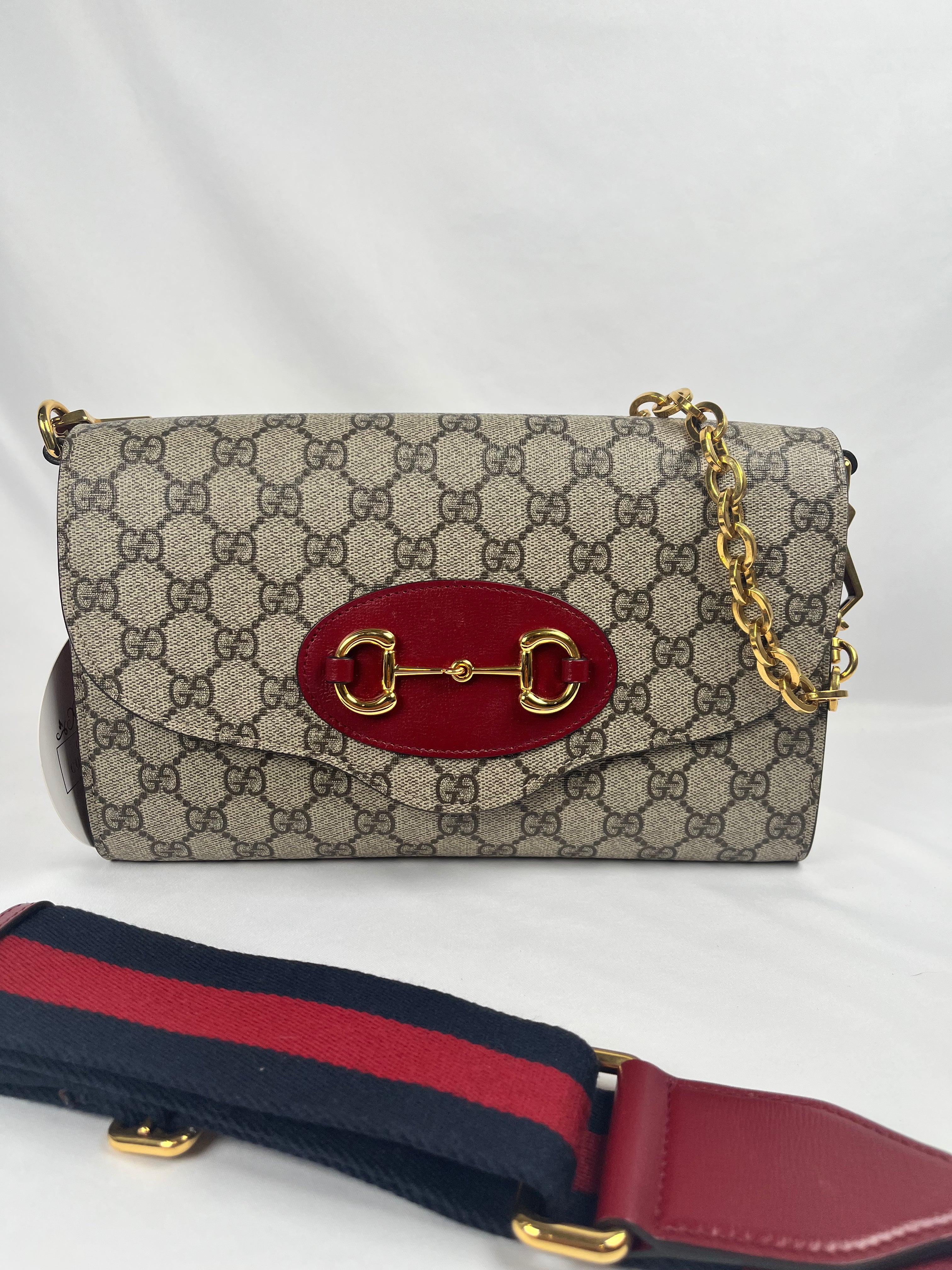 Pre-Owned GUCCI GG Supreme Horsebit 1955 Chain Bag w/strap Monogram Handbag, Small