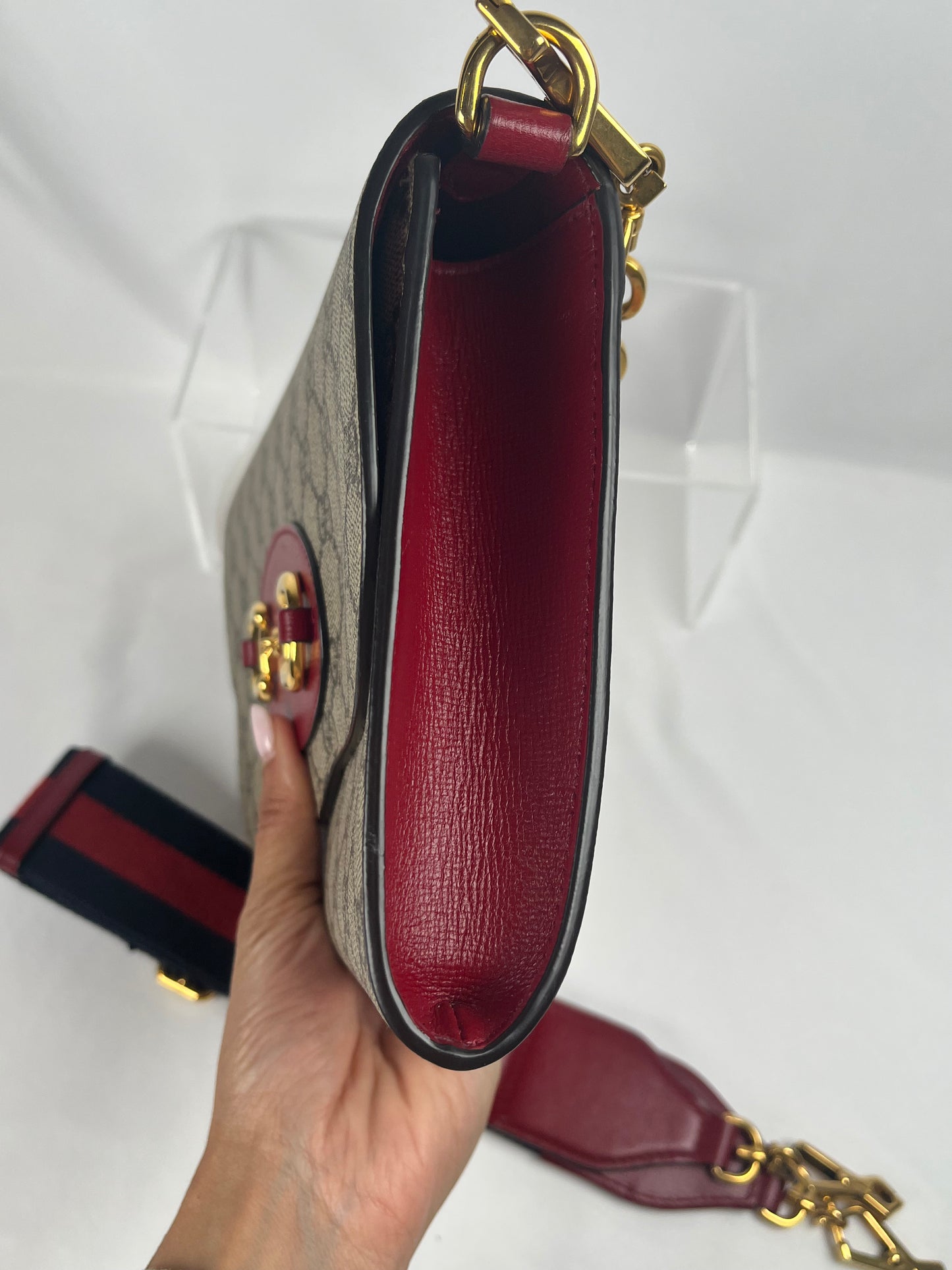 Pre-Owned GUCCI GG Supreme Horsebit 1955 Chain Bag w/strap Monogram Handbag, Small