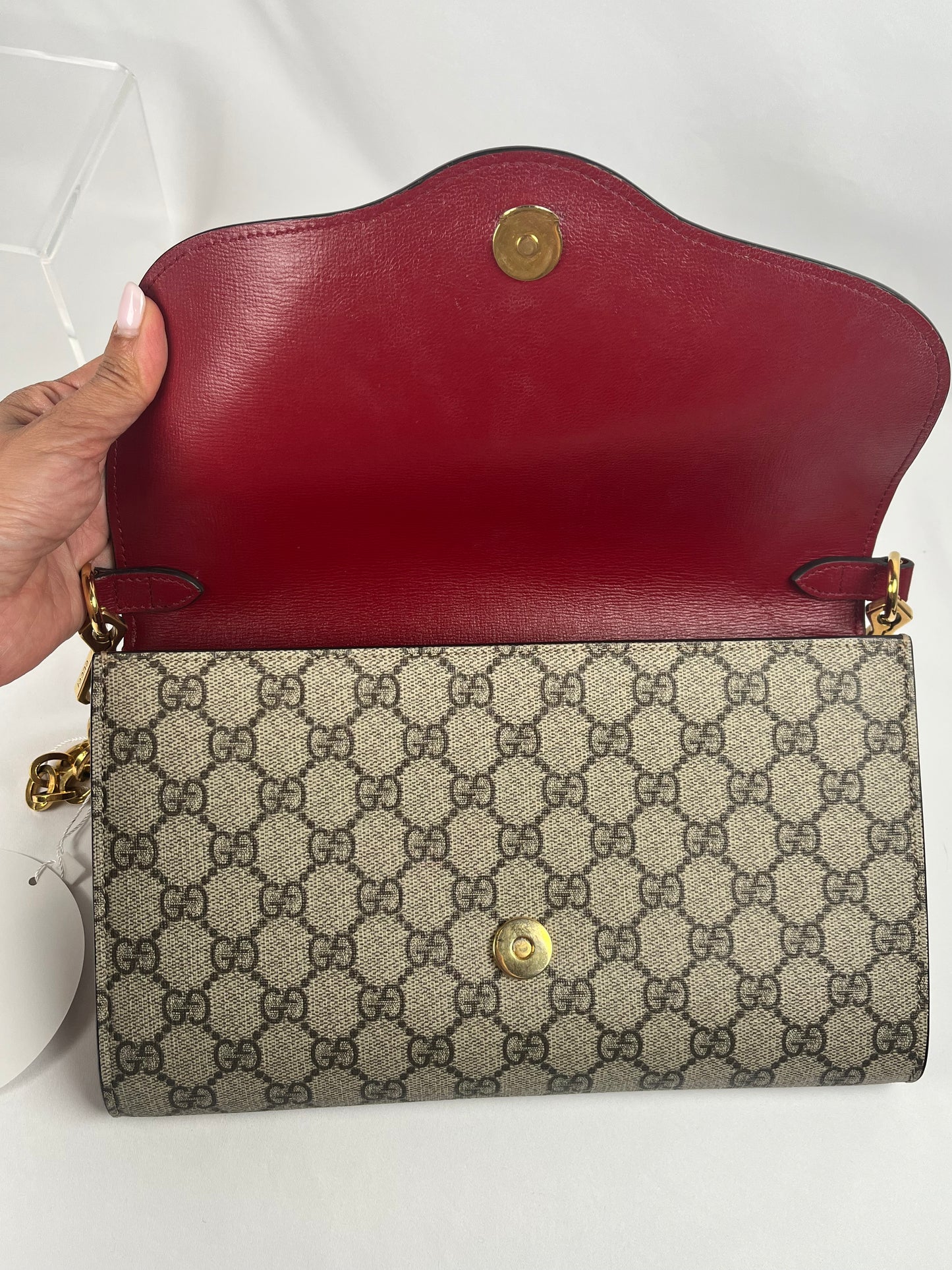 Pre-Owned GUCCI GG Supreme Horsebit 1955 Chain Bag w/strap Monogram Handbag, Small