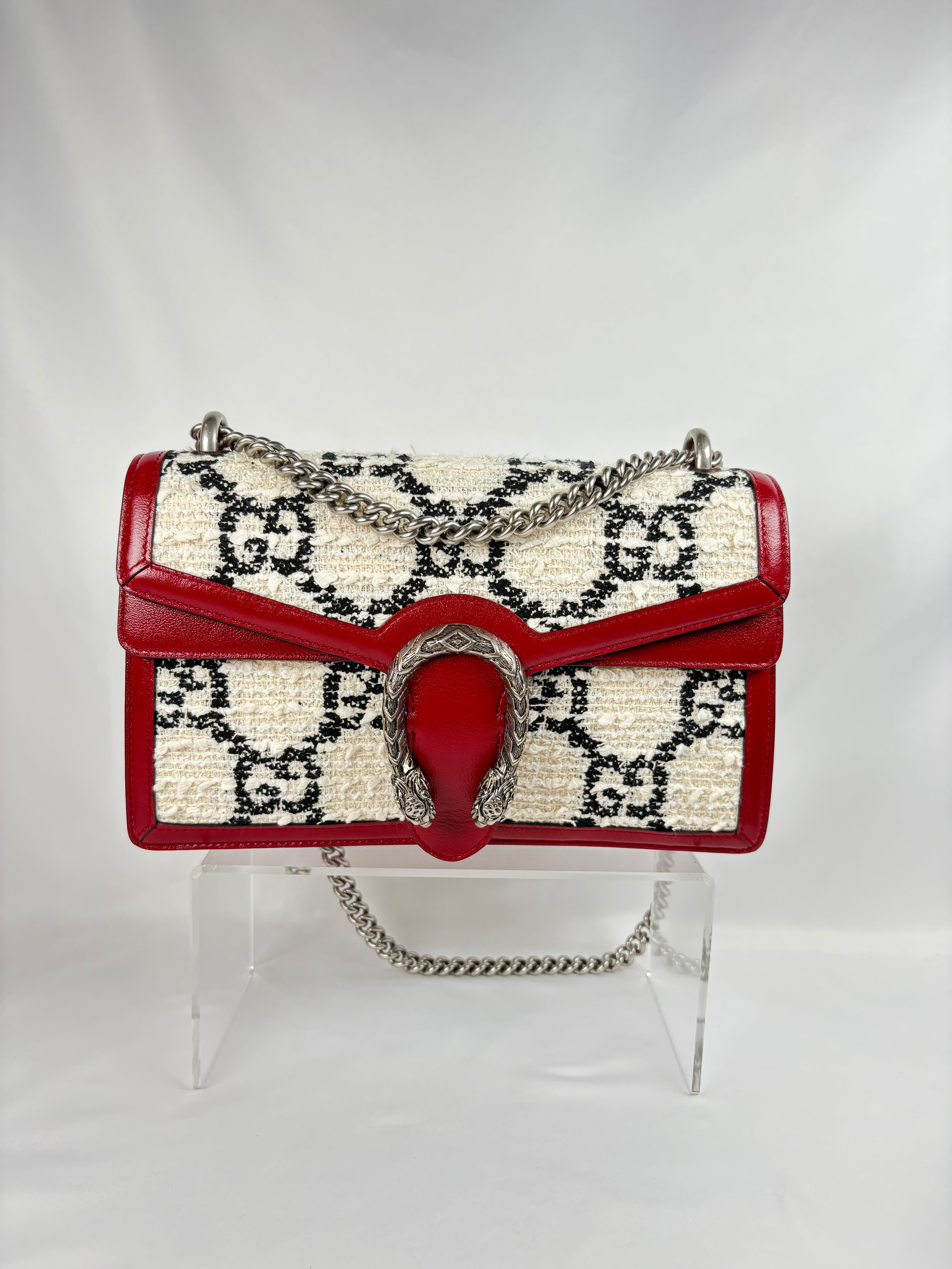 Pre-Owned GUCCI Tweed GG Monogram Dionysus White/Red Handbag, Small