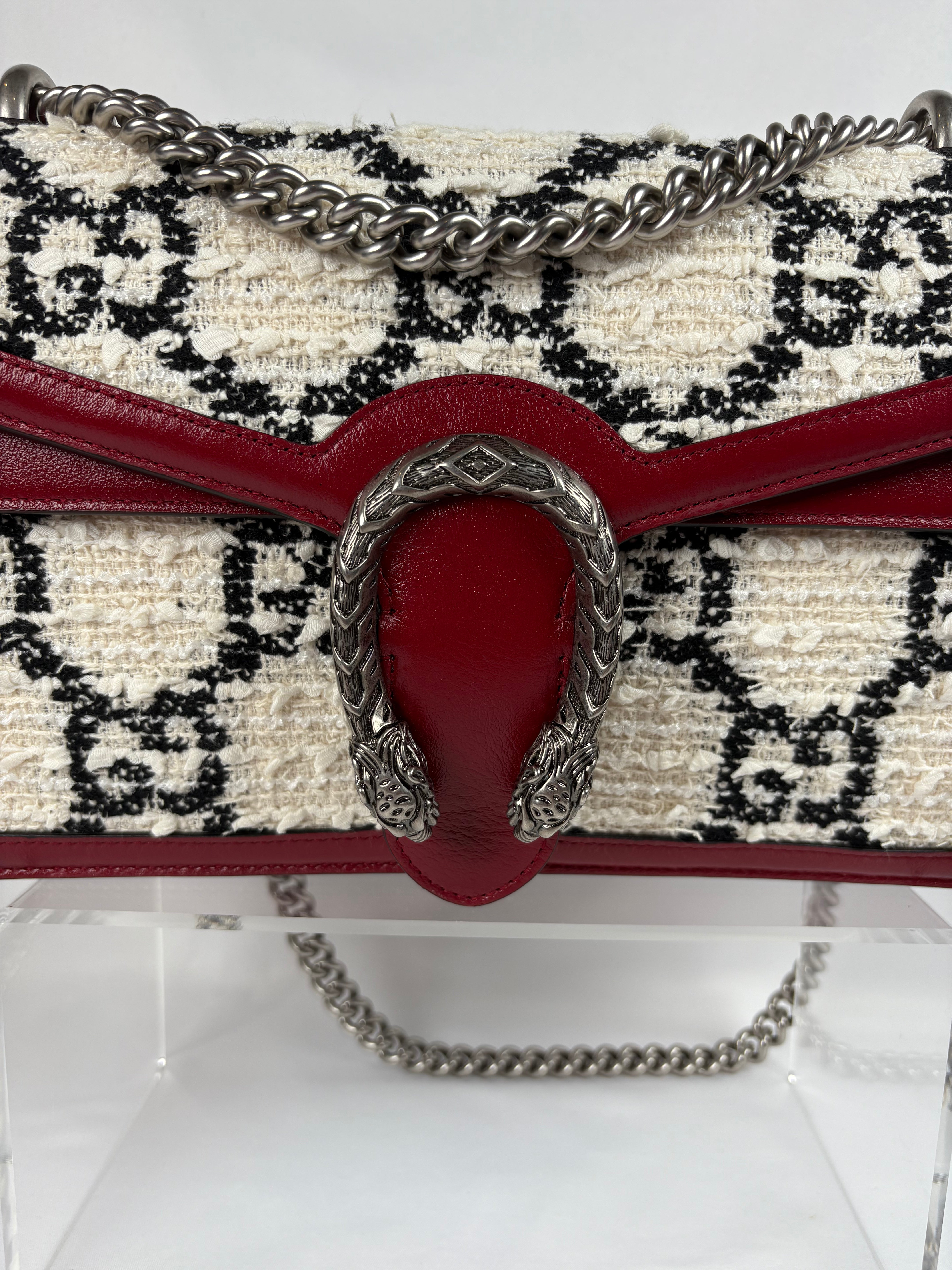 Pre-Owned GUCCI Tweed GG Monogram Dionysus White/Red Handbag, Small
