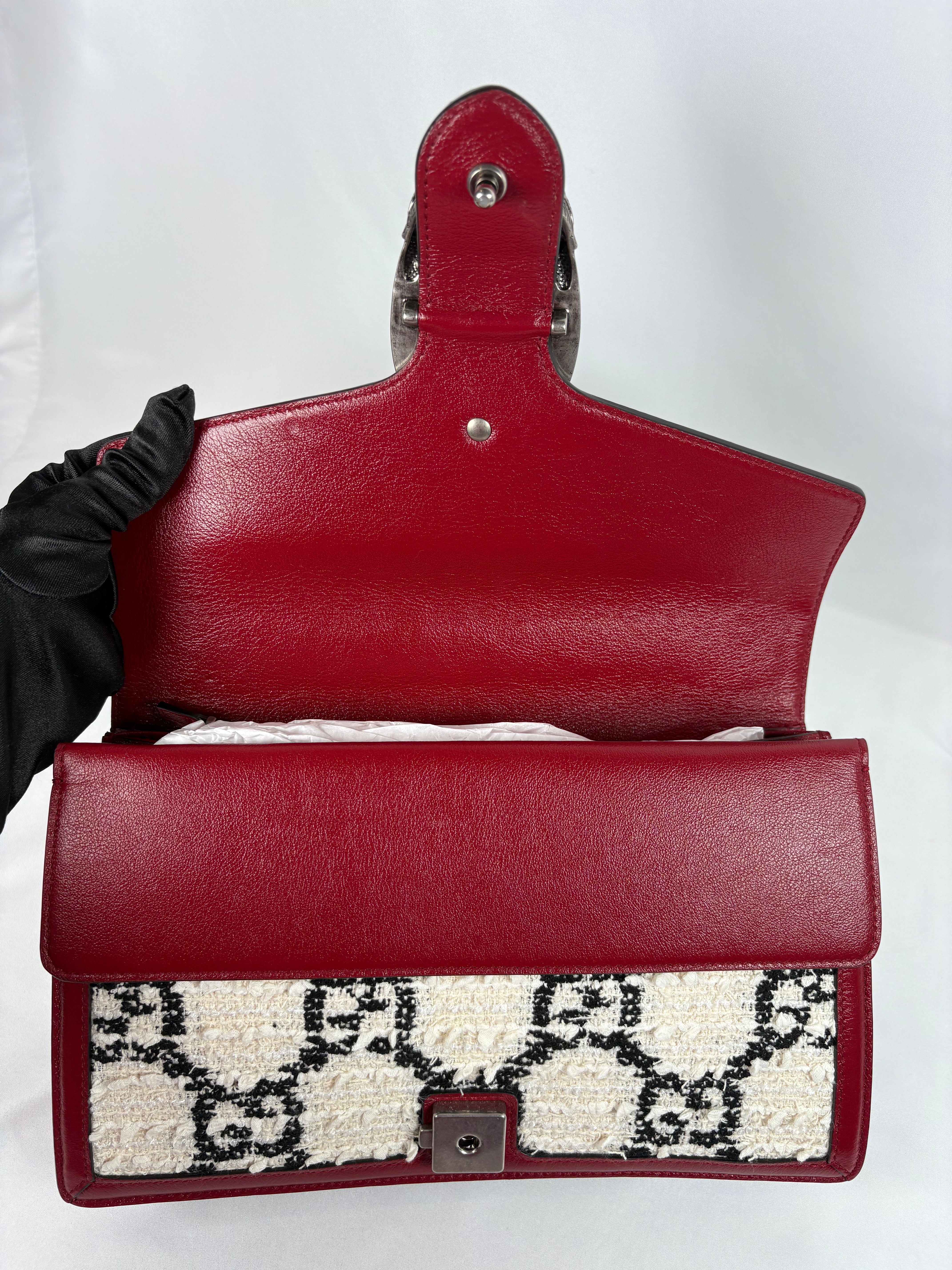Pre-Owned GUCCI Tweed GG Monogram Dionysus White/Red Handbag, Small