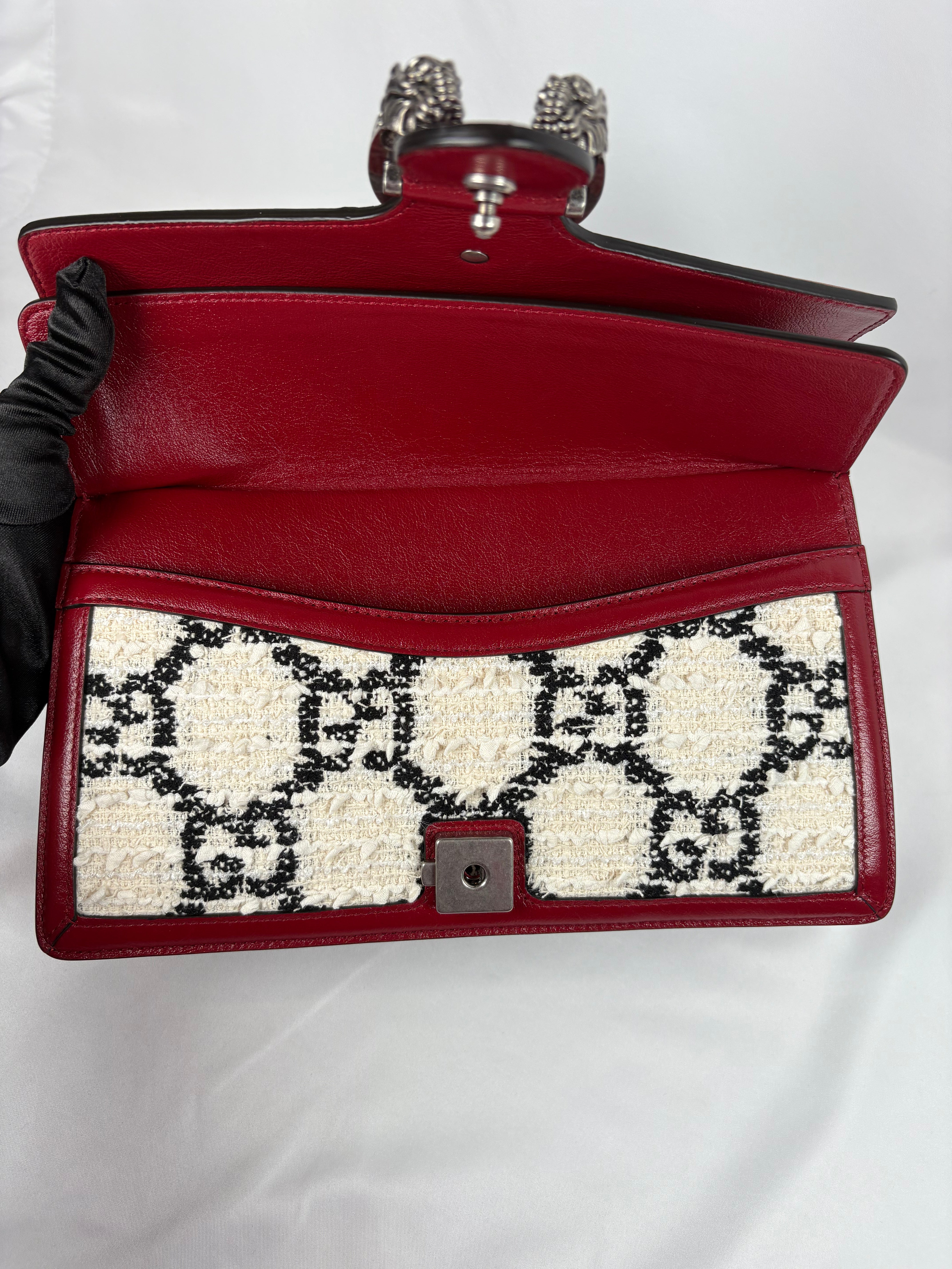 Pre-Owned GUCCI Tweed GG Monogram Dionysus White/Red Handbag, Small