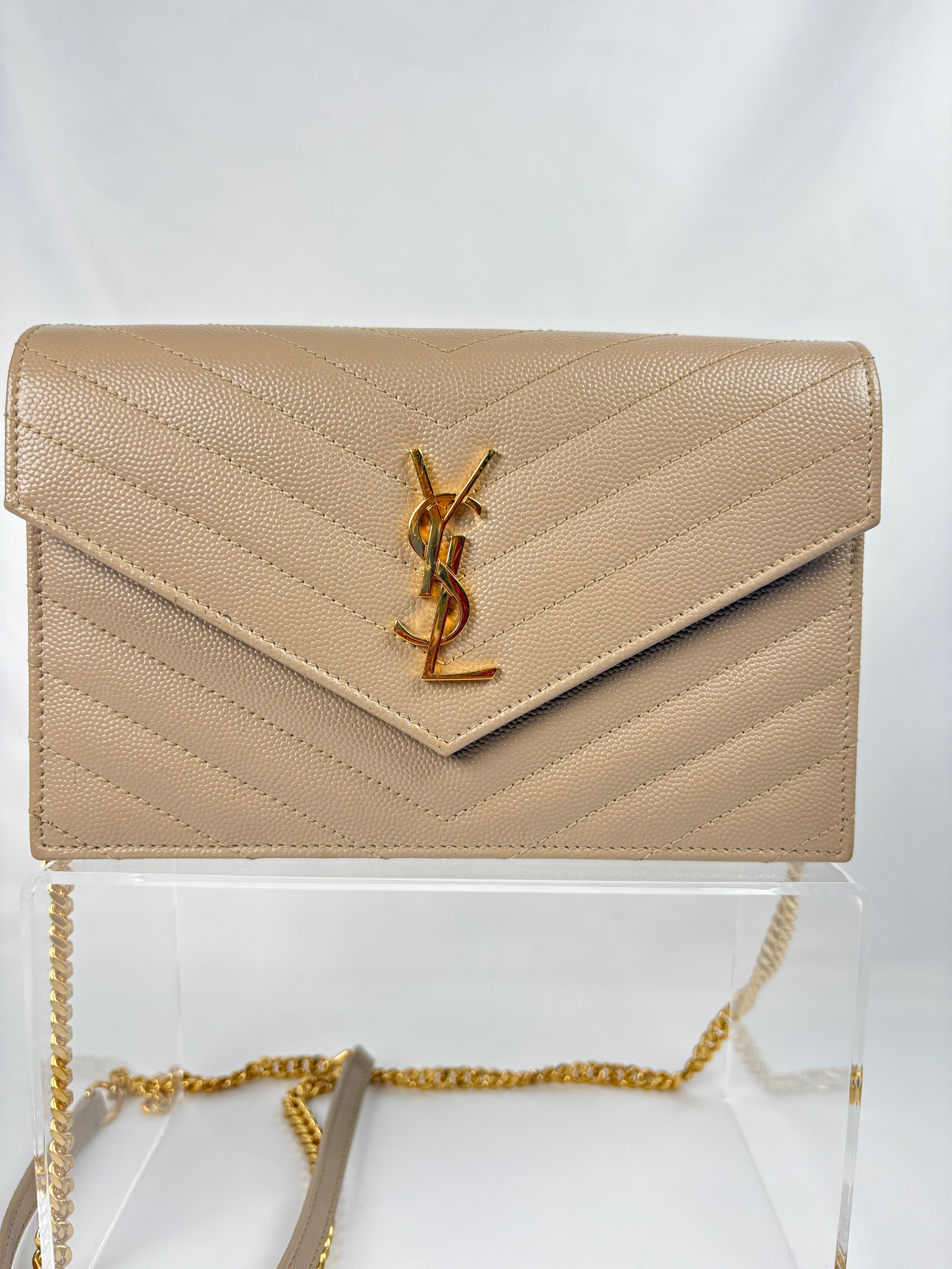 Pre-Owned SAINT LAURENT Cassandre Envelope Wallet on Chain, Dark Beige