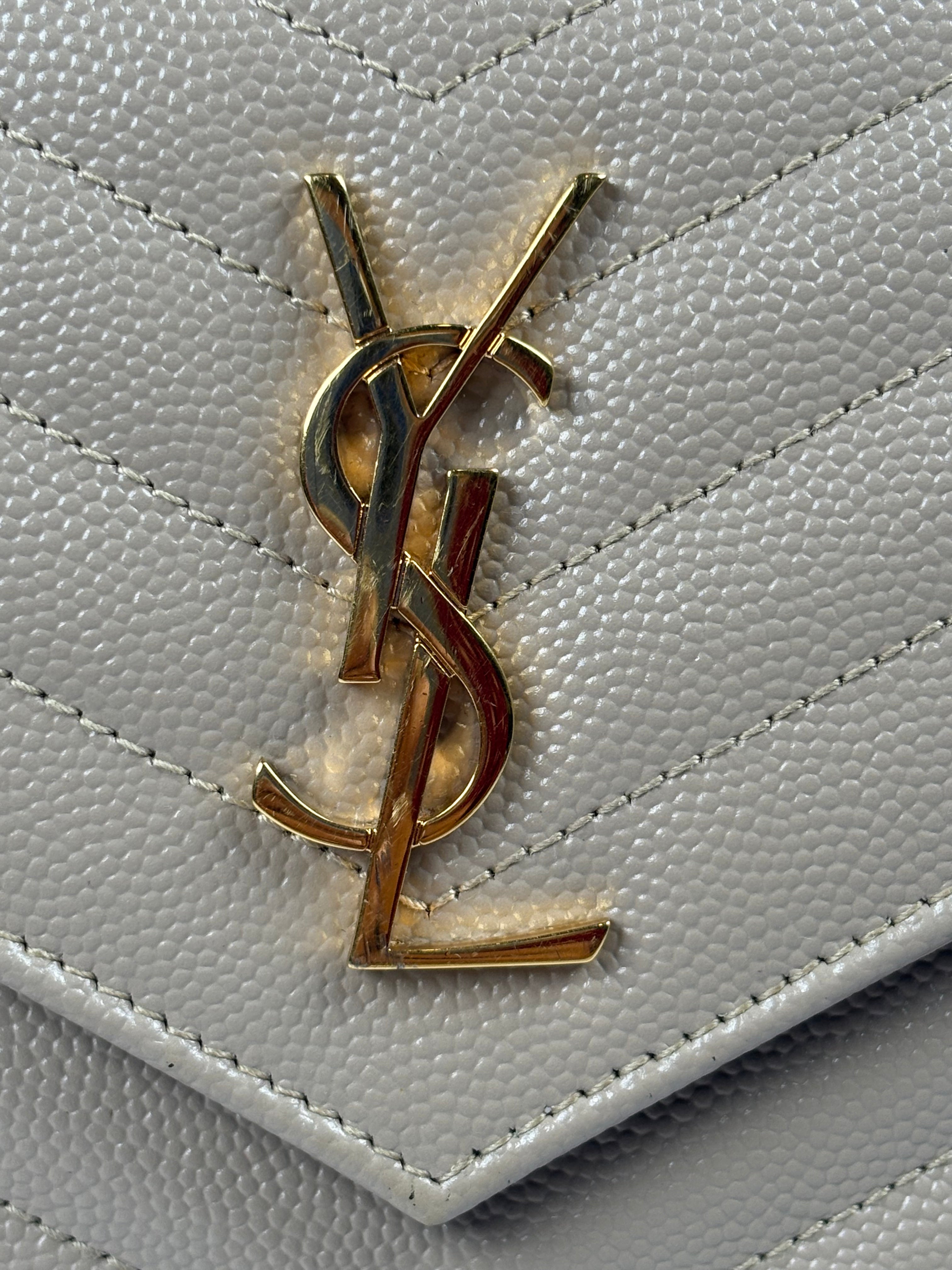 Pre-Owned SAINT LAURENT Cassandre Envelope Wallet on Chain, Dark Beige