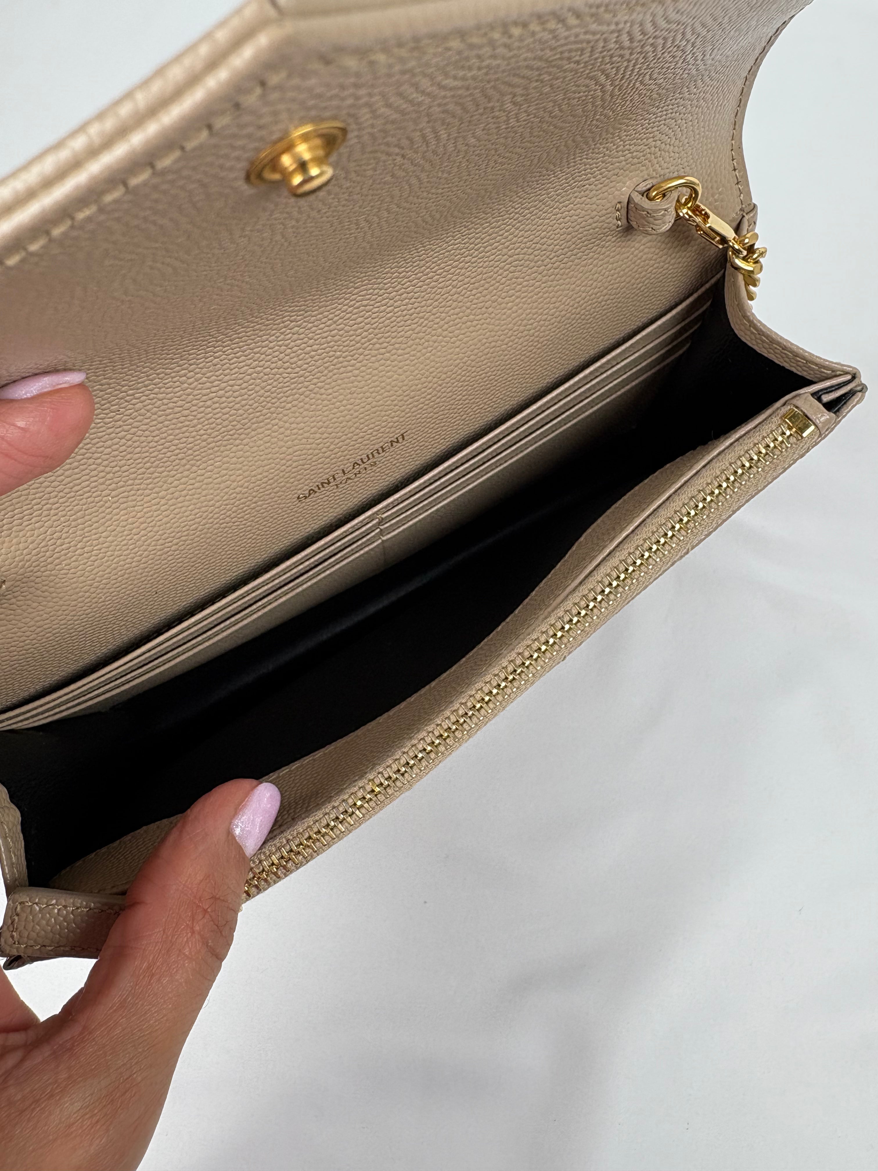 Pre-Owned SAINT LAURENT Cassandre Envelope Wallet on Chain, Dark Beige