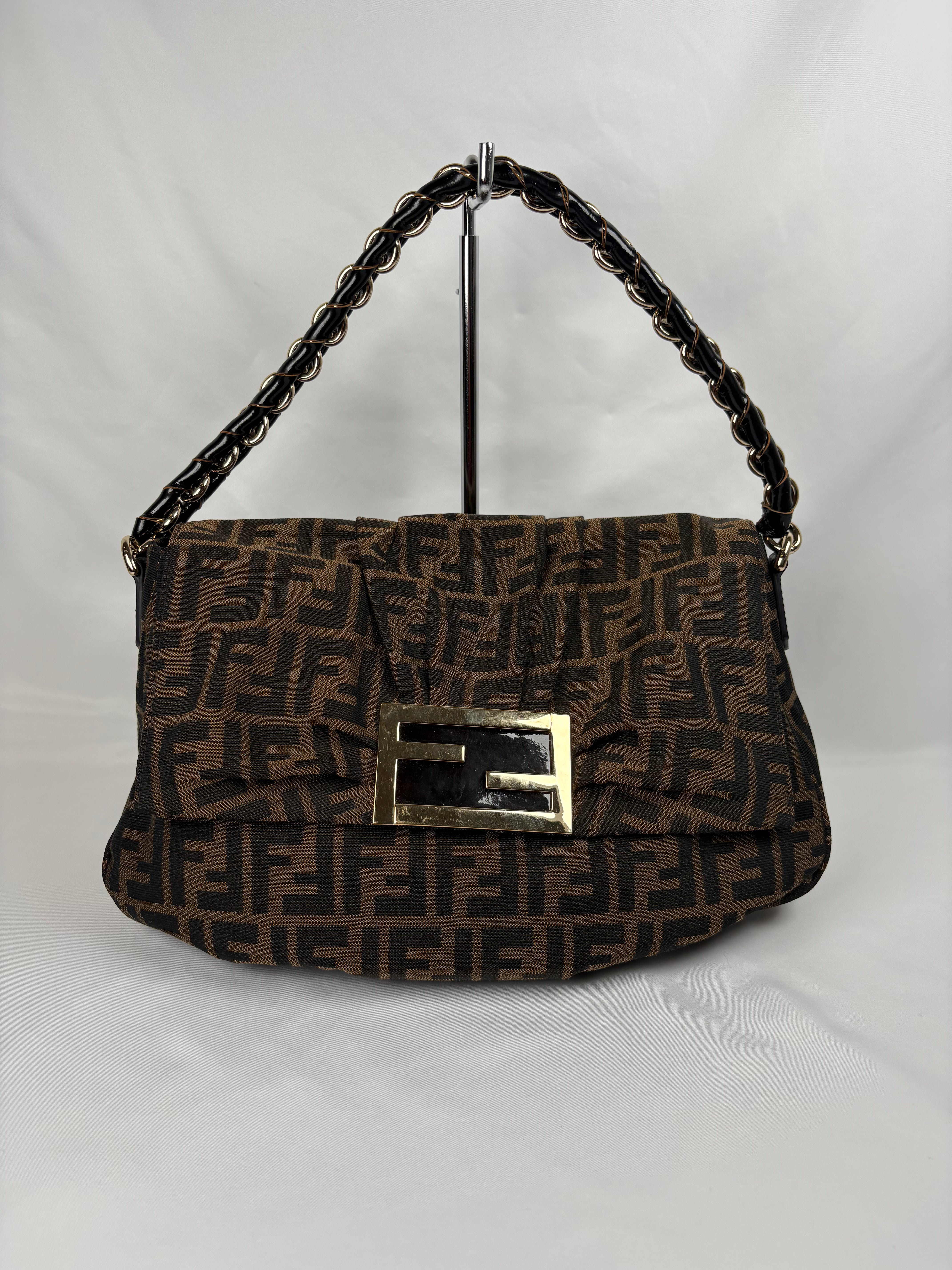 Pre-Owned FENDI Tobacco Zucca Canvas Mia Flap Shoulder Dark Brown Handbag