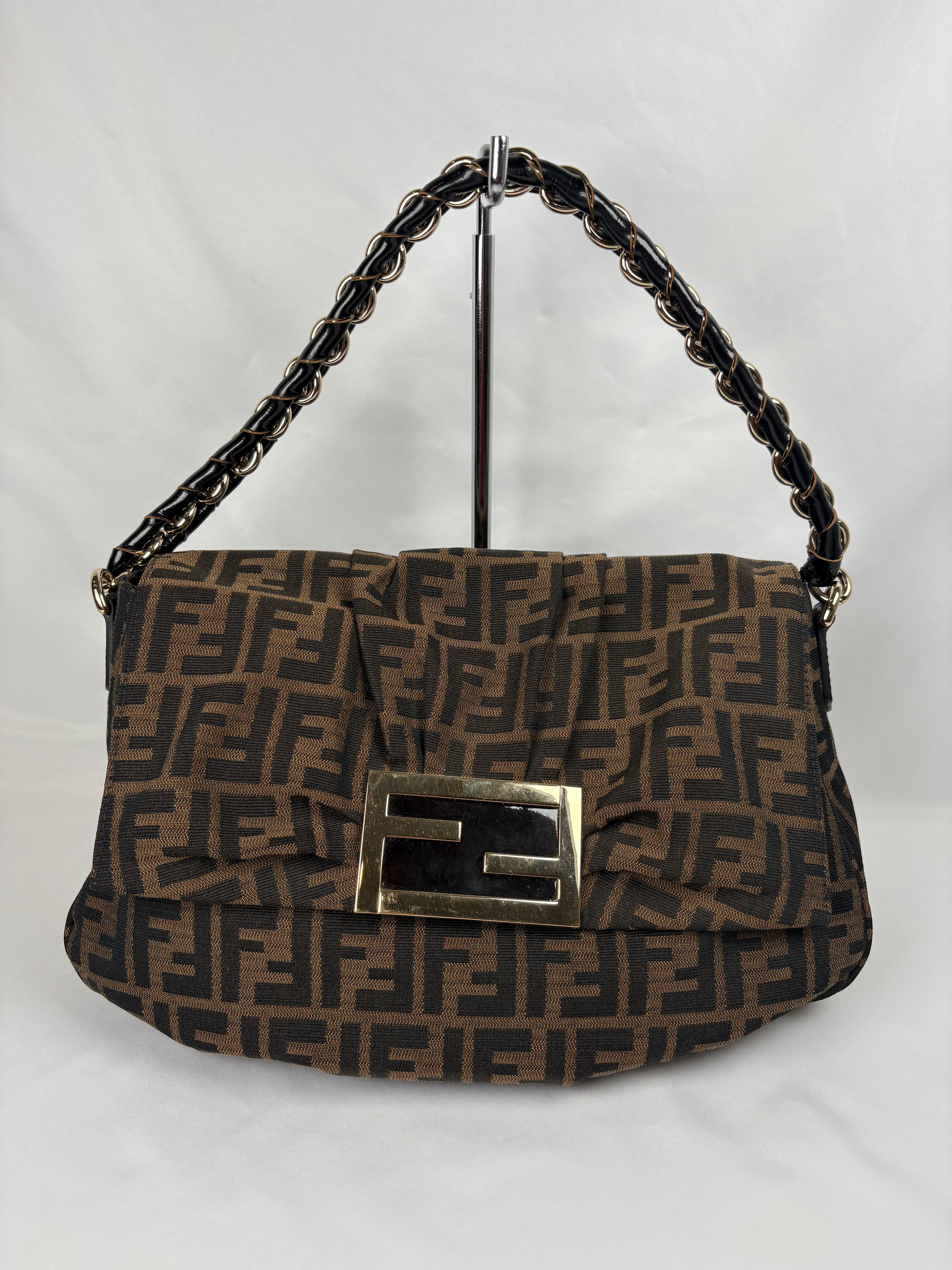 Pre-Owned FENDI Tobacco Zucca Canvas Mia Flap Shoulder Dark Brown Handbag