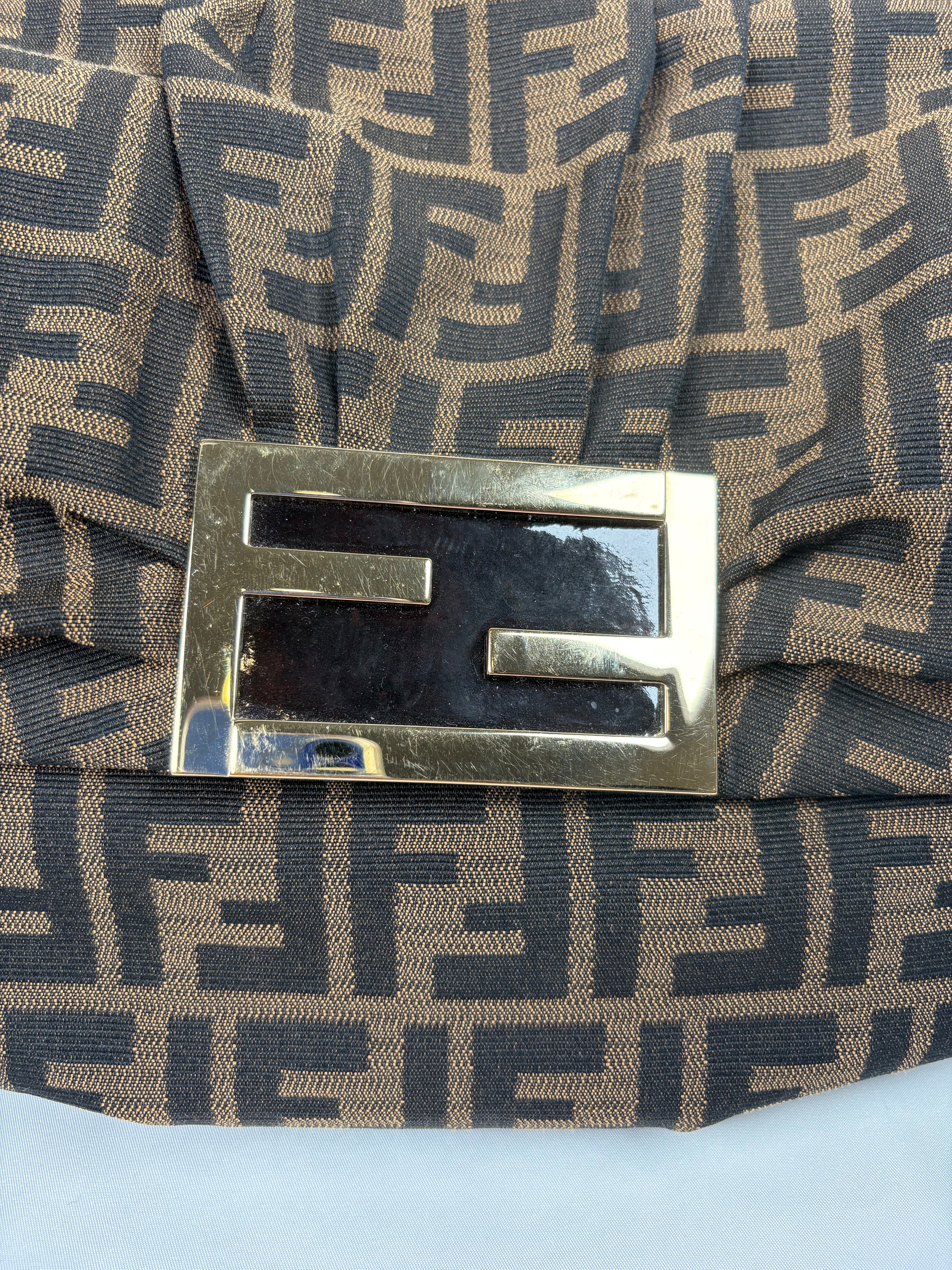 Pre-Owned FENDI Tobacco Zucca Canvas Mia Flap Shoulder Dark Brown Handbag