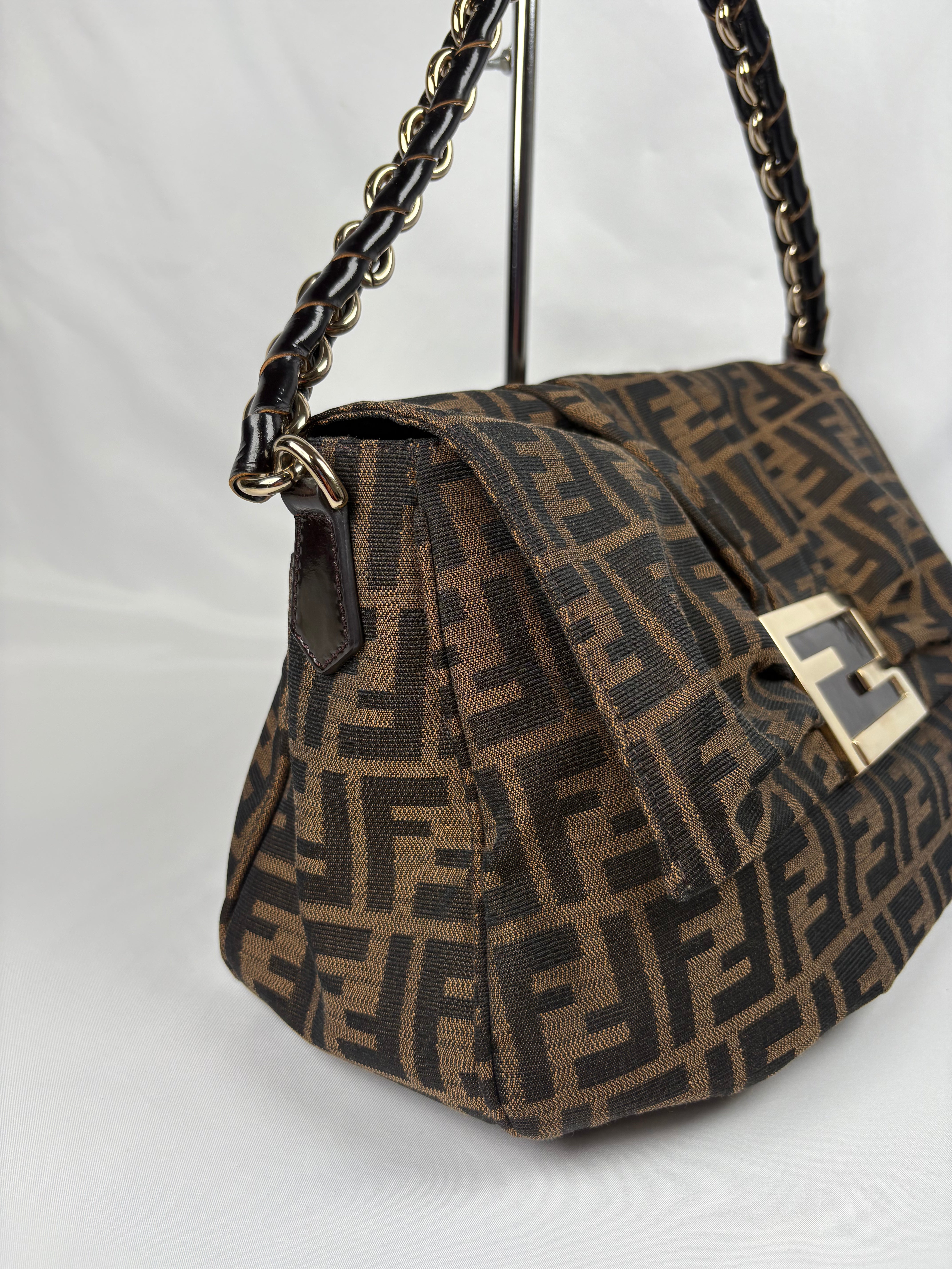 Pre-Owned FENDI Tobacco Zucca Canvas Mia Flap Shoulder Dark Brown Handbag