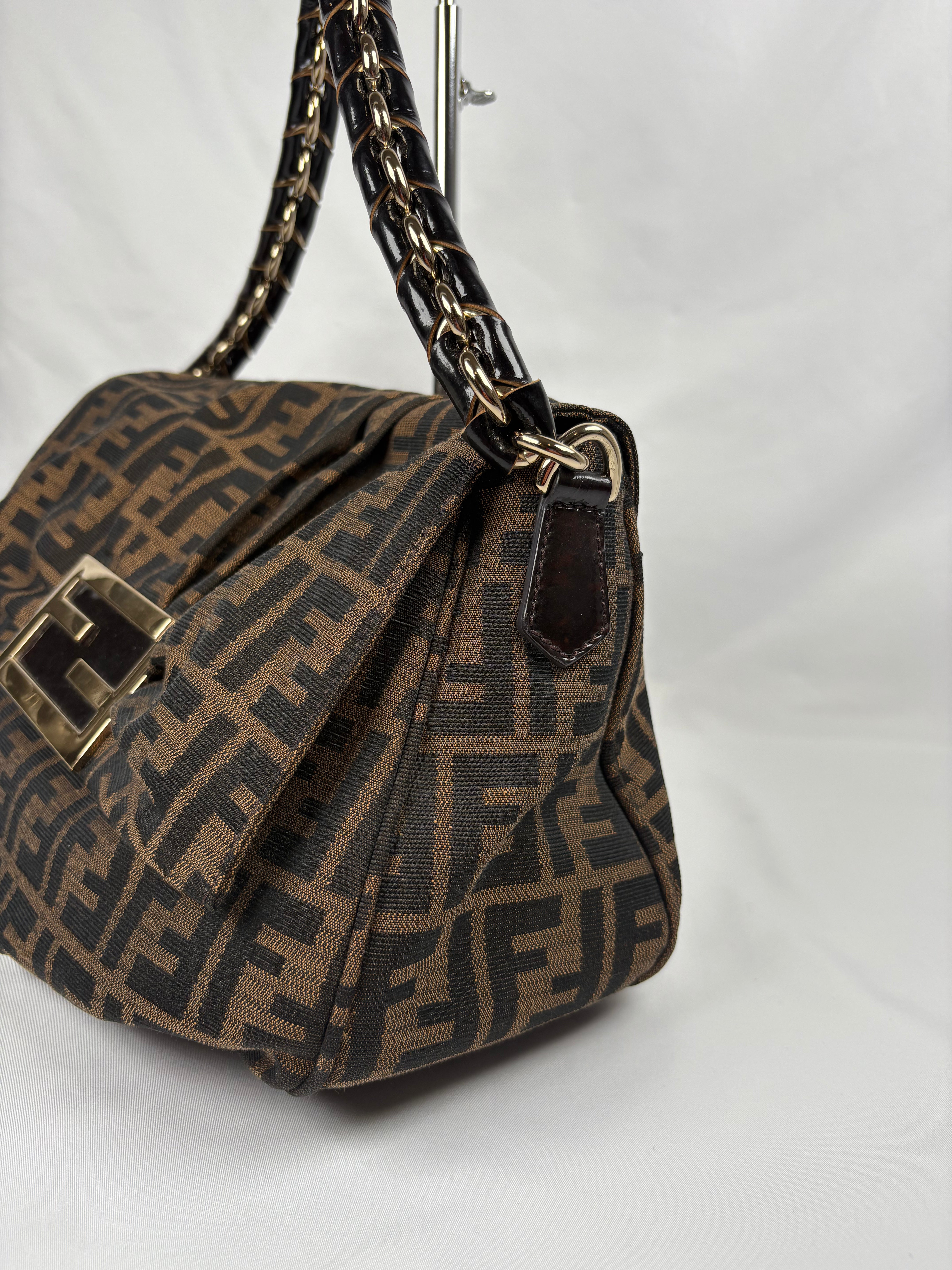 Pre-Owned FENDI Tobacco Zucca Canvas Mia Flap Shoulder Dark Brown Handbag