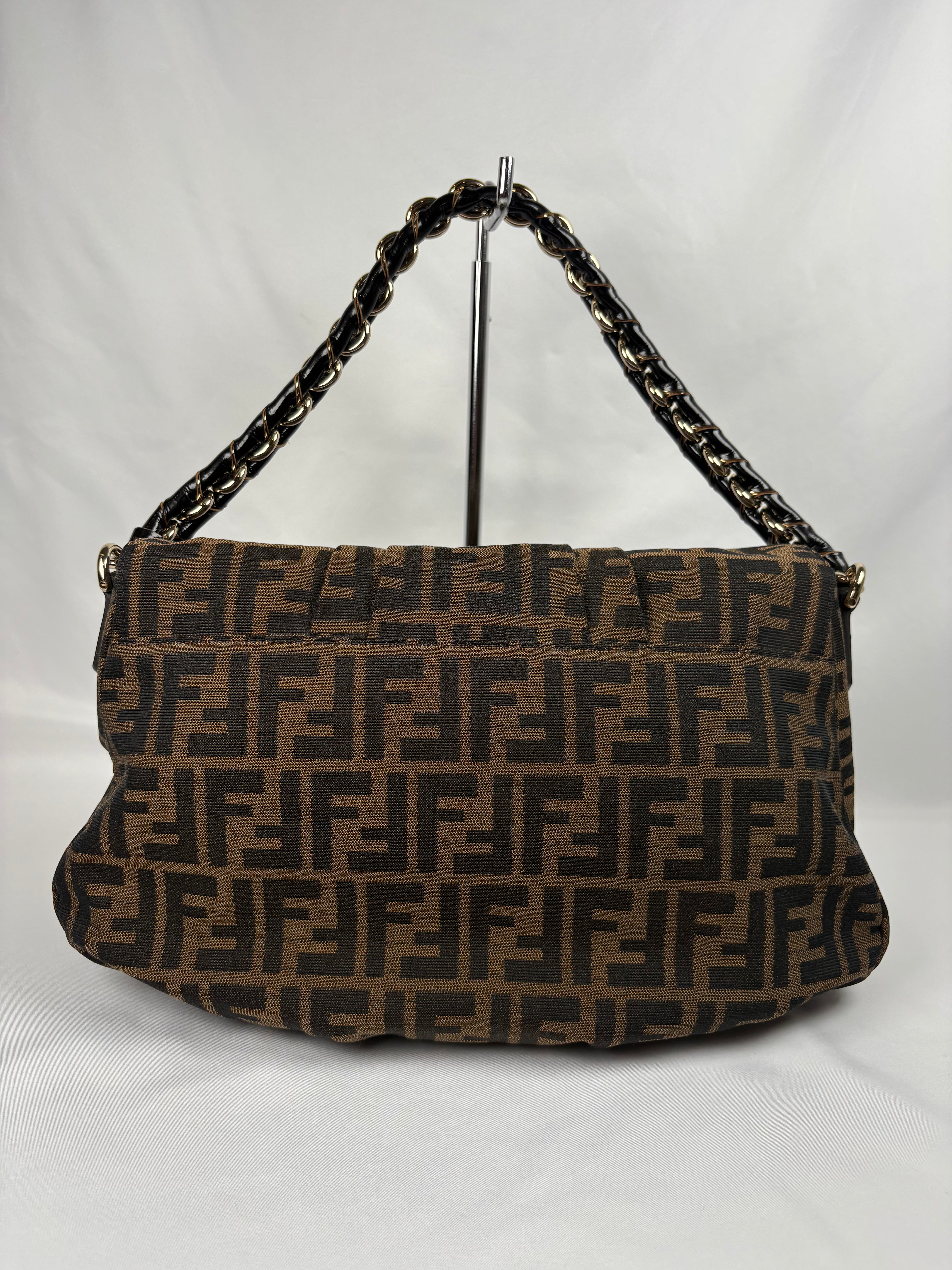 Pre-Owned FENDI Tobacco Zucca Canvas Mia Flap Shoulder Dark Brown Handbag