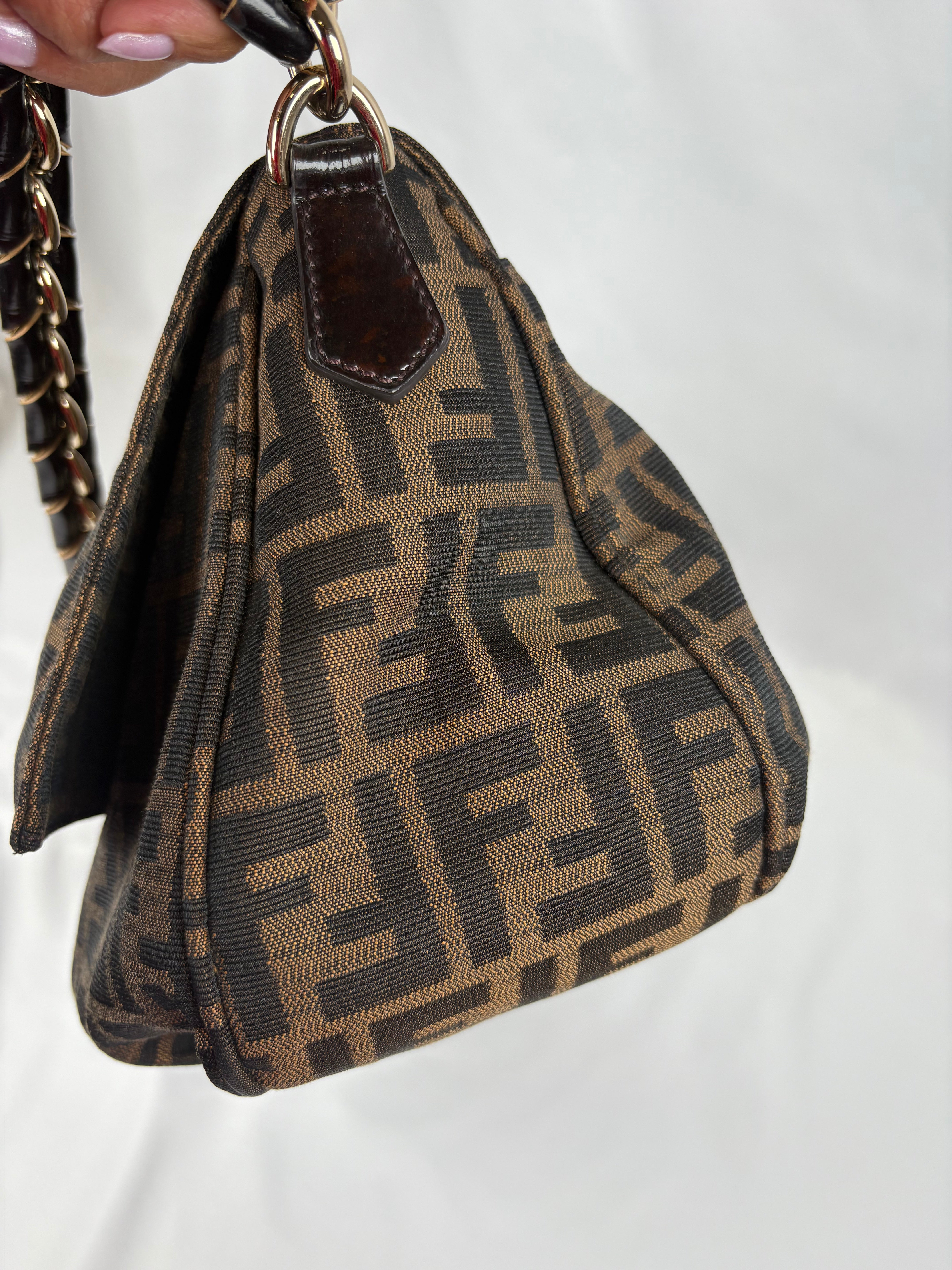 Pre-Owned FENDI Tobacco Zucca Canvas Mia Flap Shoulder Dark Brown Handbag