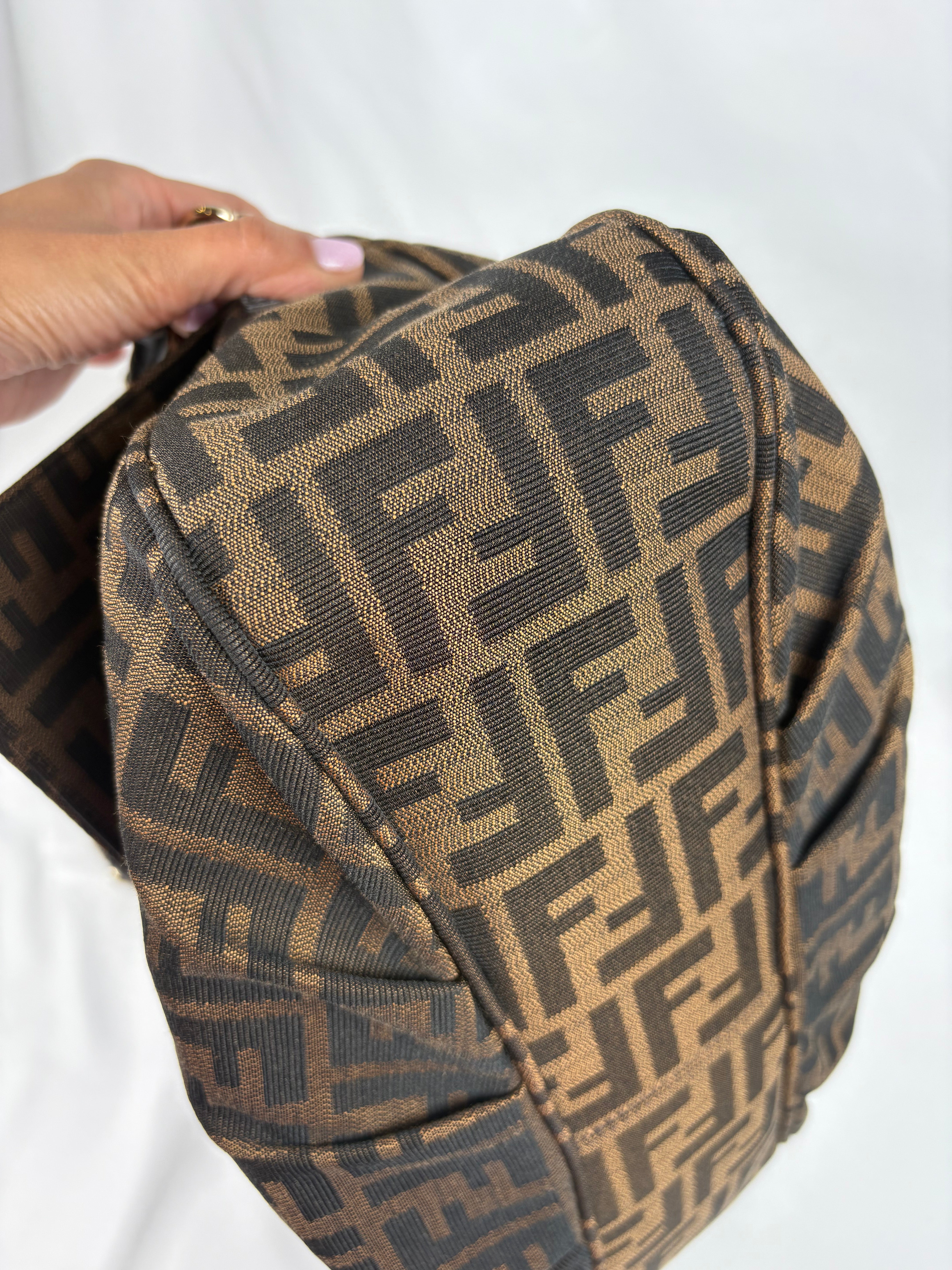 Pre-Owned FENDI Tobacco Zucca Canvas Mia Flap Shoulder Dark Brown Handbag