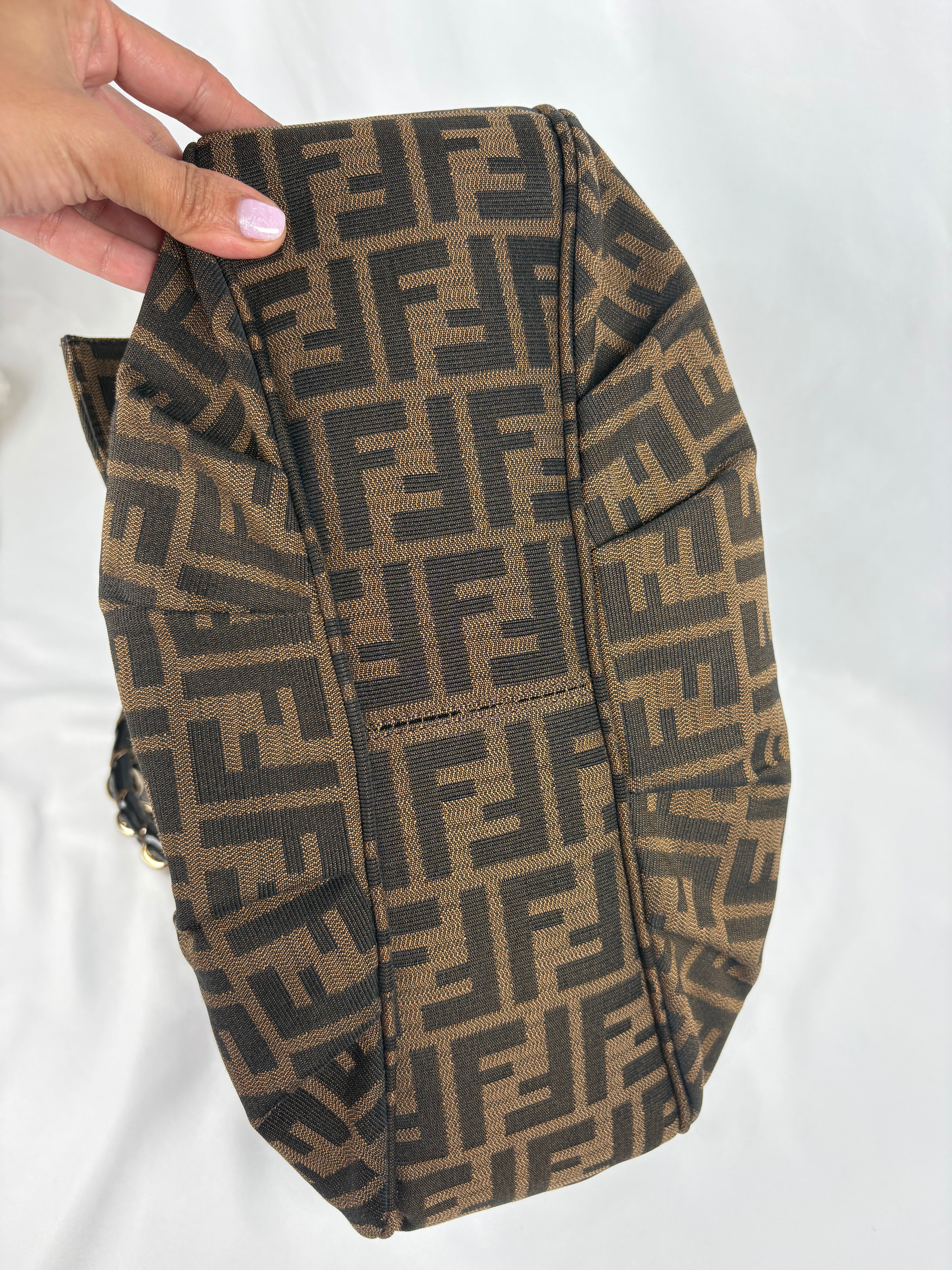 Pre-Owned FENDI Tobacco Zucca Canvas Mia Flap Shoulder Dark Brown Handbag