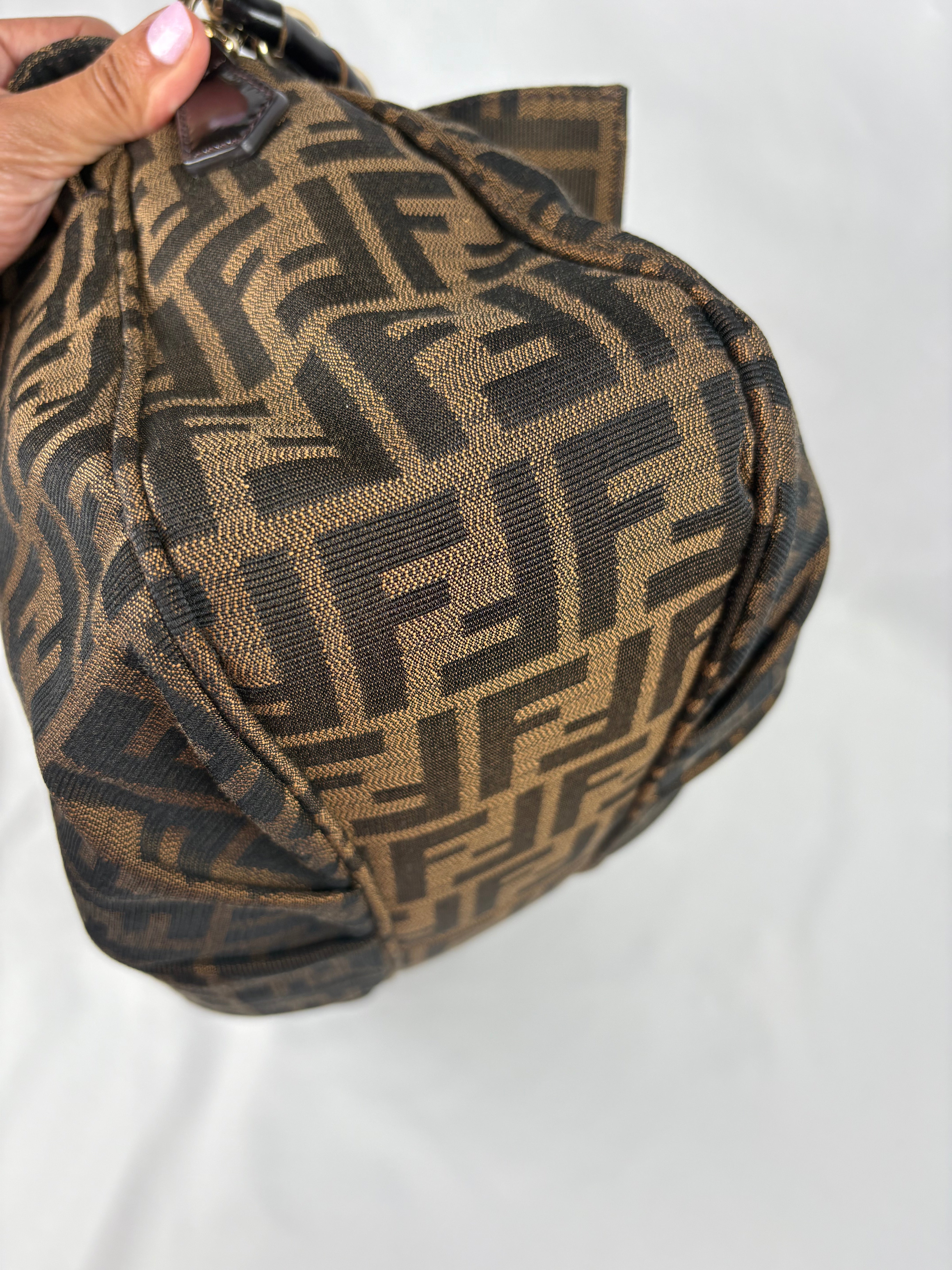 Pre-Owned FENDI Tobacco Zucca Canvas Mia Flap Shoulder Dark Brown Handbag