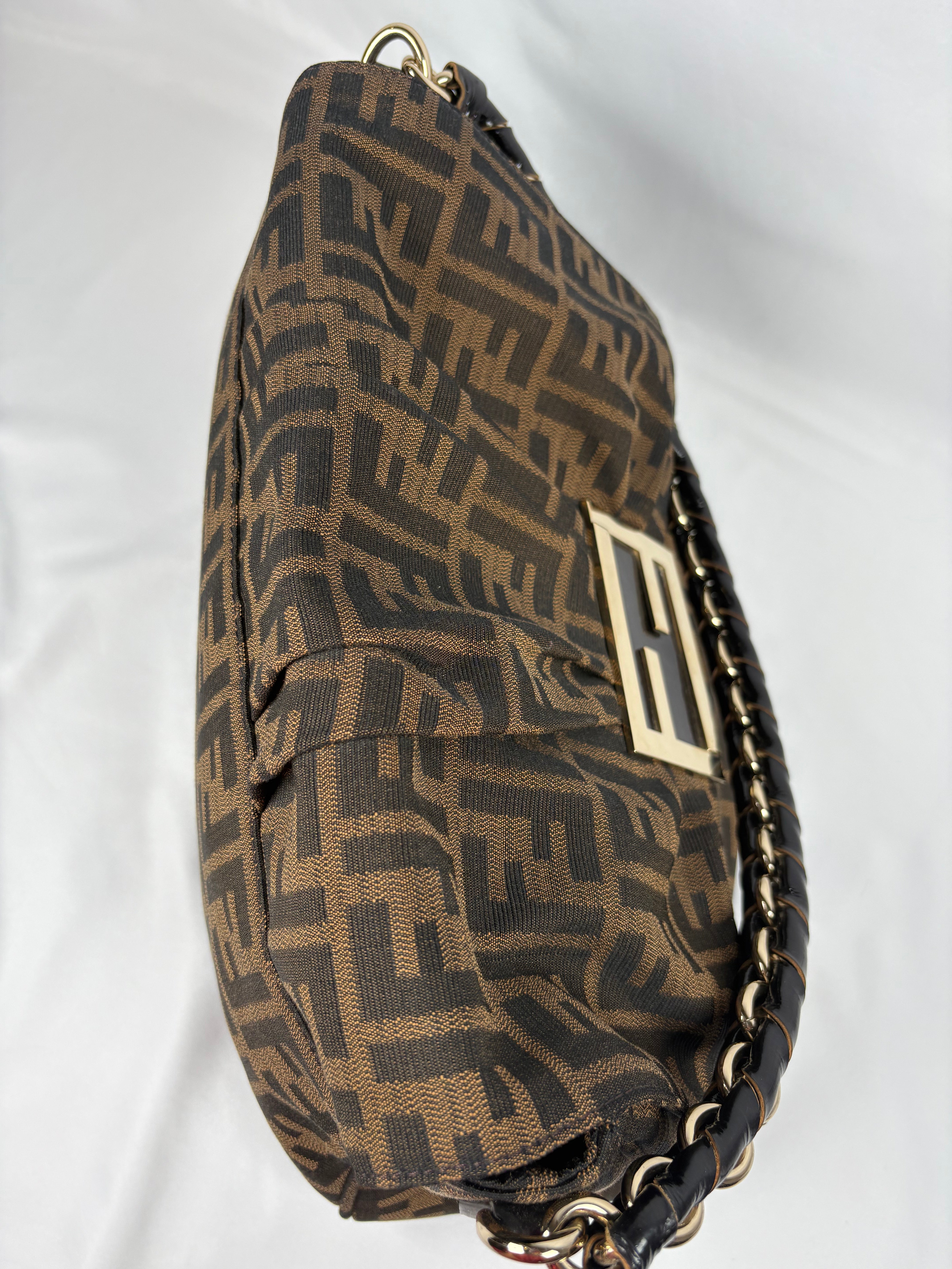 Pre-Owned FENDI Tobacco Zucca Canvas Mia Flap Shoulder Dark Brown Handbag