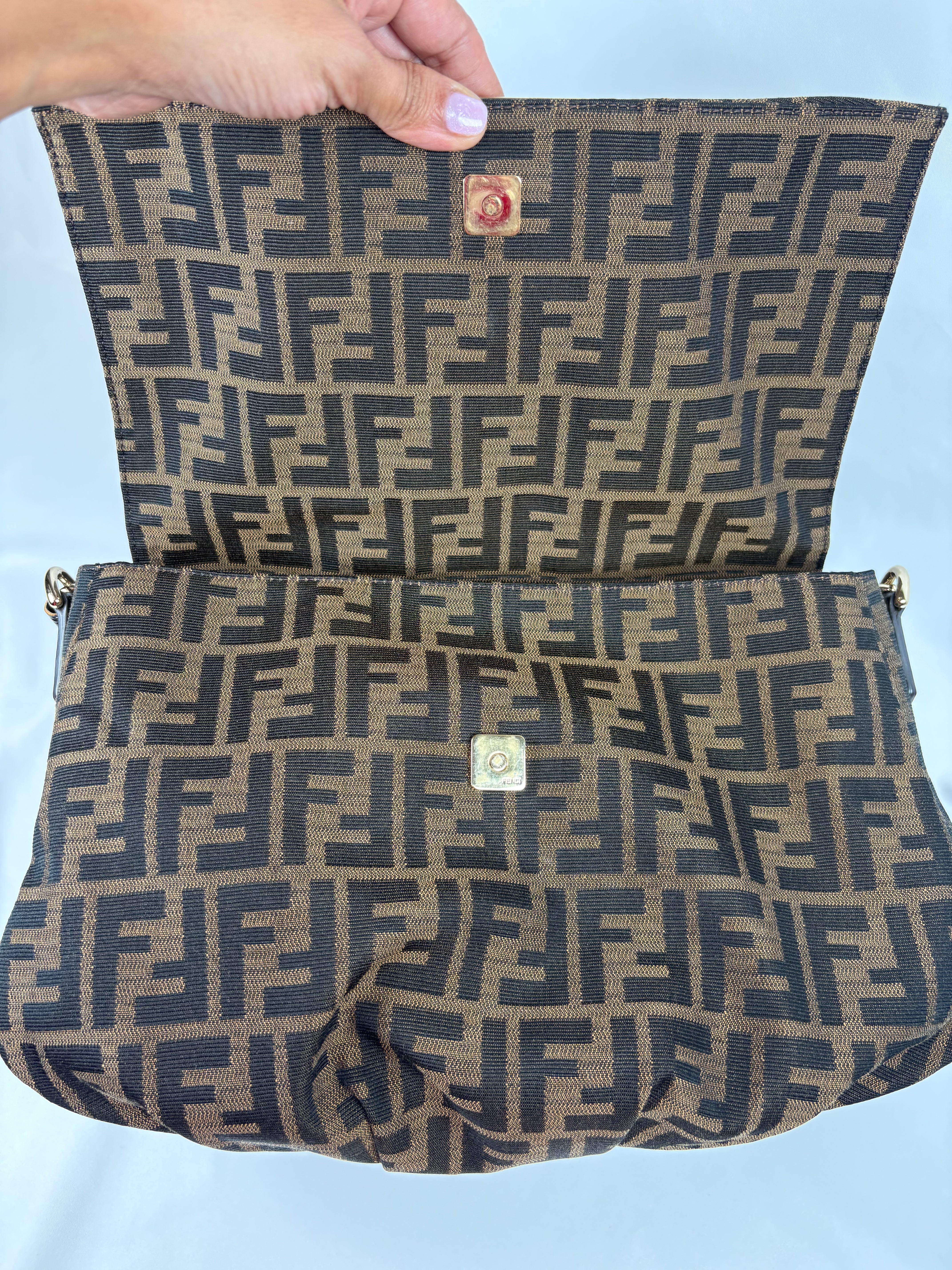 Pre-Owned FENDI Tobacco Zucca Canvas Mia Flap Shoulder Dark Brown Handbag