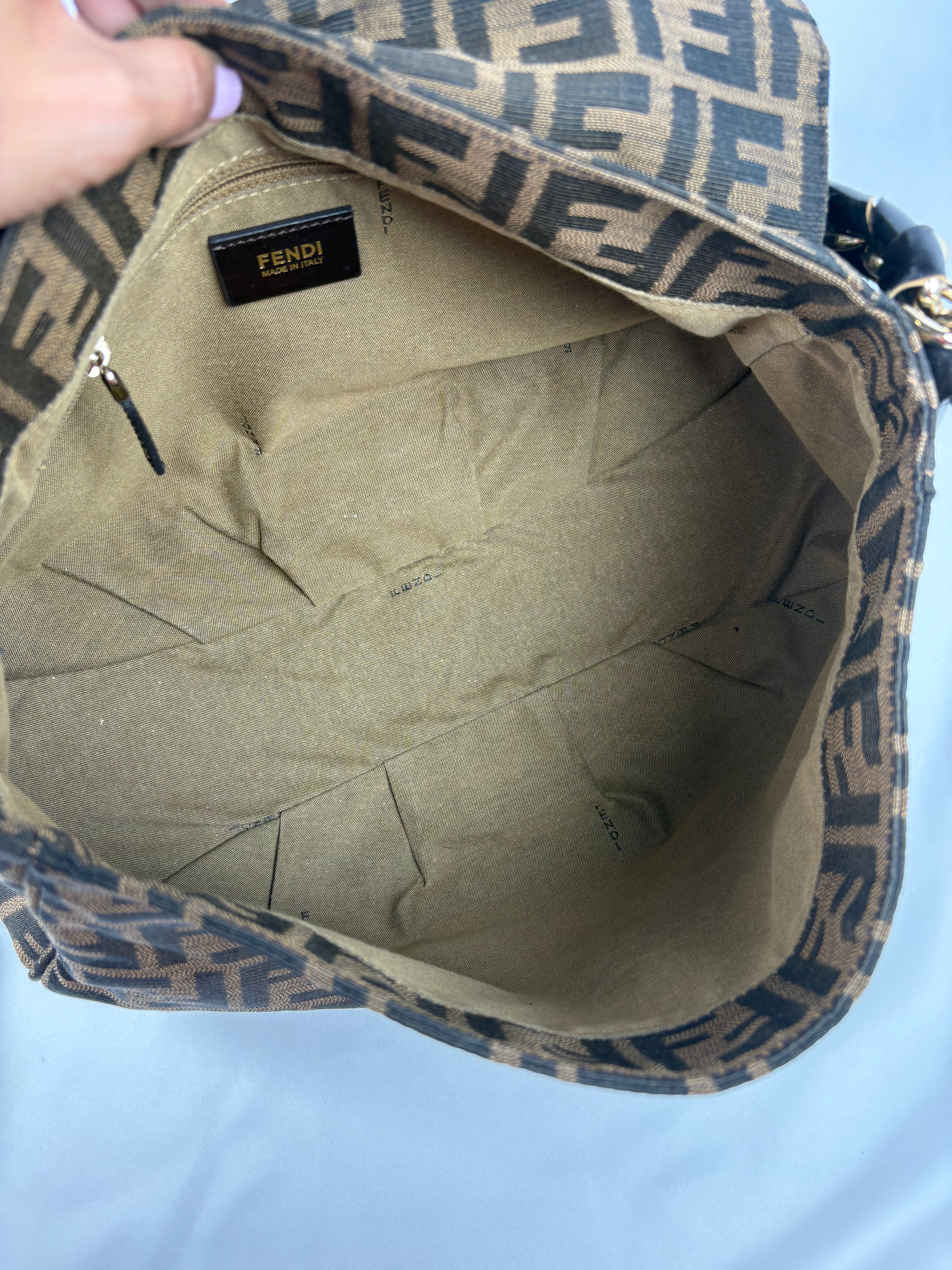 Pre-Owned FENDI Tobacco Zucca Canvas Mia Flap Shoulder Dark Brown Handbag